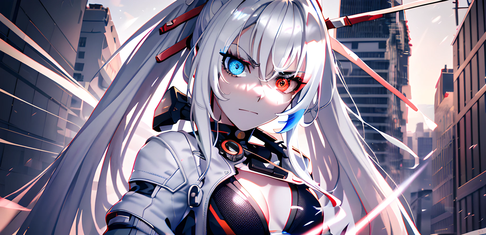 (burning city in the background:1.2), blurry background, looking forward full body, silver hair, long ponytail, white jacket open, black bikini, visible abdomen, photo from the waist up, volumetric lighting, white jacket, red katana on the back, multicolored eyes, (blue and red heterochromia1.4), detailed eyes, hyper detailed, serious face, slightly irritated, highly detailed, beautiful, small details, ultra detailed, best quality, intricate, hyper-realism, sharp, digital illustration, detailed, realism, intricate, 4k, 8k, trends in the arts station, good anatomy, beautiful lighting, award-winning, photorealistic, realistic shadows, realistic lighting, beautiful lighting, raytracing, intricate details, grumpy, rule of thirds, masterpiece, (illustration: 1.1), high resolution, (extremely detailed CG, unit, wallpaper 8k: 1.1), beautiful face, highly detailed face, ultra realistic, masterpiece, bokeh, extremely detailed, intricate, abdomen, small breasts, thin, colorful, vibrant colors, front view, small breasts, abdomen