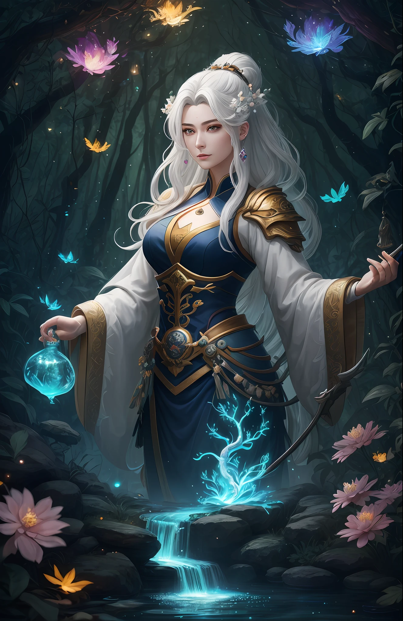 Masterpiece, best quality, (very detailed CG unified 8k wallpaper), (best quality), (best illustration), (best shadow), close-up of a beauty with white hair and white mask, beautiful figure painting, Guvitz, Guwiz style artwork, white-haired god, Yang J, epic exquisite character art, amazing character art, Fan Qi, Wu Zhun Shifan, Guwiz in pixiv art station, glowing elf, with a glowing deer, drinking water in the pool, Natural elements in forest theme. Mysterious forest, beautiful forest, nature, surrounded by flowers, delicate leaves and branches surrounded by fireflies (natural elements), (jungle theme), (leaves), (branches), (fireflies), (particle effects) and other 3D, Octane rendering, ray tracing, super detailed