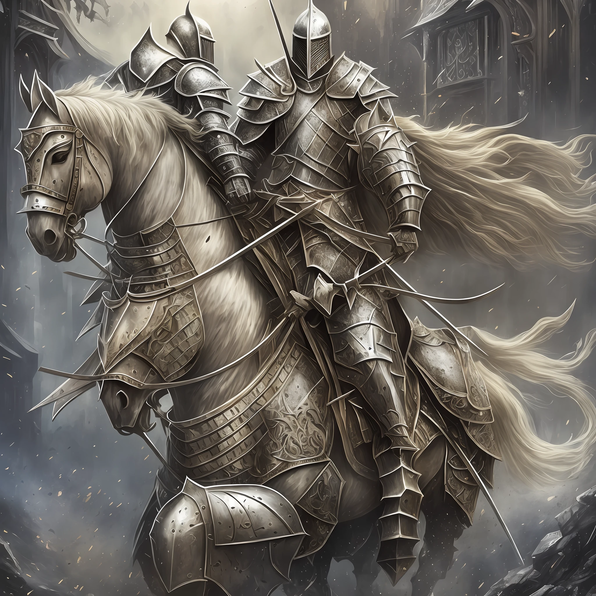 there is a man riding a horse with a sword on it, fantasy knight, horse warrior, knight on horseback, by Kerembeyit, strong fantasy knight, teutonic knight, full portrait of magical knight, armored knight, knight, painting of a knight, holy crusader medieval knight, (((knight))), high quality fantasy art, white armor --auto --s2
