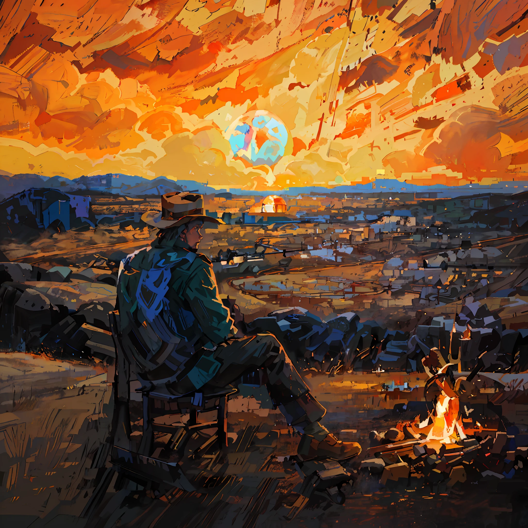 painting of a man sitting in a chair by a campfire, watching the sunset, fire on the horizon, by RHADS, jen bartel, warm sundown, by Jason Benjamin, sunset illustration, looking at sunset, looking out at a sunset, western painting, oil on canvas. cinematic, inspired by mads berg, the sunset, inspired by George Caleb Bingham