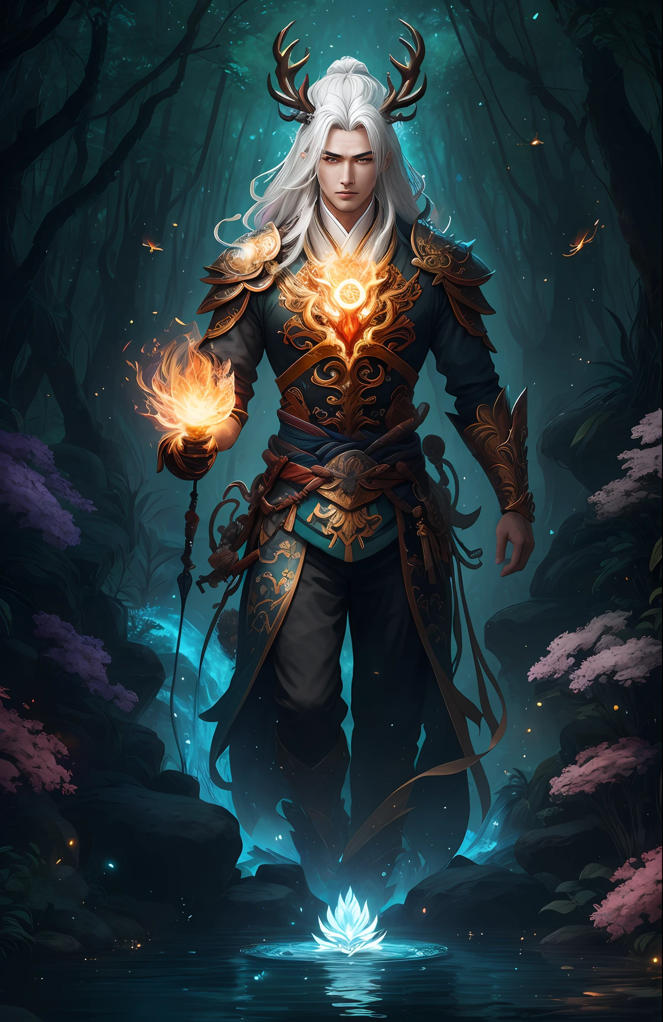 Masterpiece, best quality, (very detailed CG unified 8k wallpaper), (best quality), (best illustration), (best shadow), close-up of a beauty with white hair and white mask, beautiful figure painting, Guvitz, Guwiz style artwork, white-haired god, Yang J, epic exquisite character art, amazing character art, Fan Qi, Wu Zhun Shifan, Guwiz in pixiv art station, glowing elf, with a glowing deer, drinking water in the pool, Natural elements in forest theme. Mysterious forest, beautiful forest, nature, surrounded by flowers, delicate leaves and branches surrounded by fireflies (natural elements), (jungle theme), (leaves), (branches), (fireflies), (particle effects) and other 3D, Octane rendering, ray tracing, super detailed