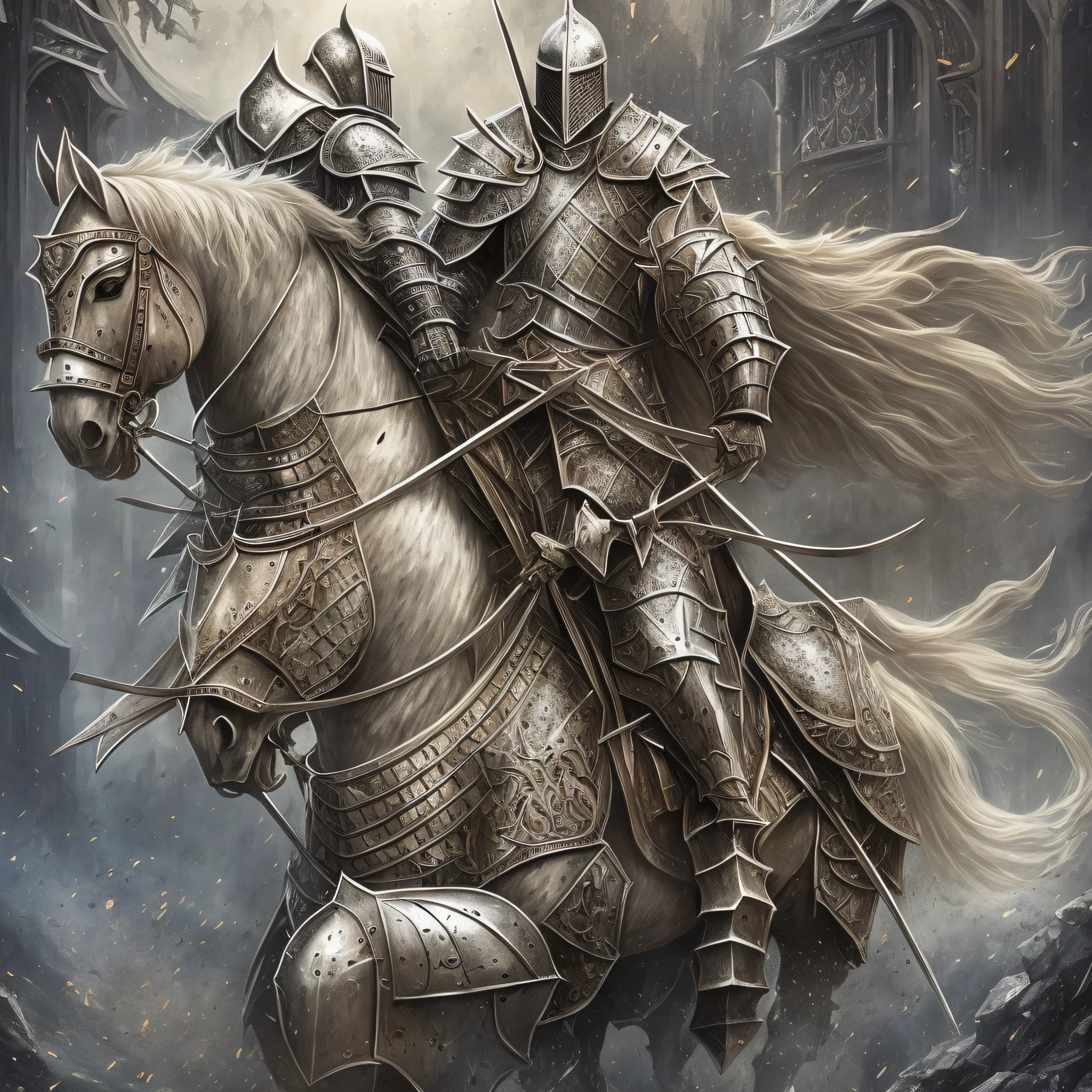 there is a man riding a horse with a sword on it, fantasy knight, horse warrior, knight on horseback, by Kerembeyit, strong fantasy knight, teutonic knight, full portrait of magical knight, armored knight, knight, painting of a knight, holy crusader medieval knight, (((knight))), high quality fantasy art, white armor --auto --s2