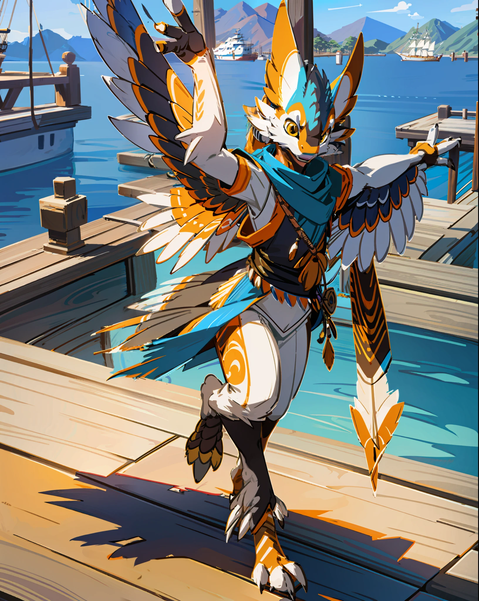 (highly detailed illustration:1.2), best quality, masterpiece, solo, full body, avali, avian, feathers, detailed feathers, detailed face, detailed eyes, yellow eyes, orange primary feathers, grey secondary feathers, arm wings, avali tail, fluffy chest, feathery chest, furry, anthro, furry art, walking upright, on a dock, avali style vest,  sail boat background, dock background, orange fur, orange pattern on feathers, 2 legs, 2 arm wings