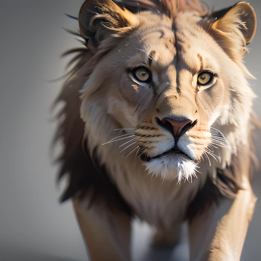 lion, (full body:1.8), masterpiece, best quality, 8k, absurdres, ultra realistic, highres, photography, film grain, chromatic aberration, sharp focus, HDR, facelight, dynamic lighting, cinematic lighting, professional shadow, simple background, (grey background:1.4), highest detailed, extreme detailed, ultra detailed, finely detail