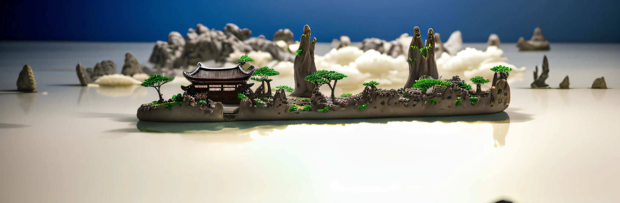 8000-year-old bionic style Asian house, in the sea, sea water in the foreground, middle view on a mine hill, ethereal 6000-year-old begonia tree, mountain peak, lying in white cloud wonderland, liquid cloud, emitting spore cloud, surreal water art, badly damaged wall, glowing flower-shaped cloud, slimy reflection, emotionalism, photos taken with Sony A7R camera, clear focus on the landscape,