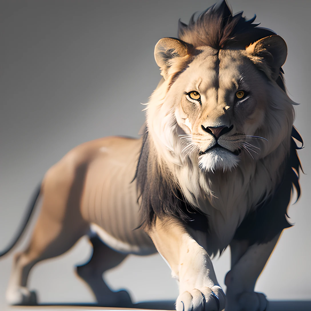 lion, (full body:1.8), masterpiece, best quality, 8k, absurdres, ultra realistic, highres, photography, film grain, chromatic aberration, sharp focus, HDR, facelight, dynamic lighting, cinematic lighting, professional shadow, simple background, (grey background:1.4), highest detailed, extreme detailed, ultra detailed, finely detail
