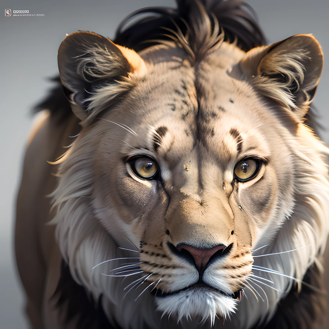 lion, masterpiece, best quality, 8k, absurdres, ultra realistic, highres, photography, film grain, chromatic aberration, sharp focus, HDR, facelight, dynamic lighting, cinematic lighting, professional shadow, simple background, (grey background:1.4), highest detailed, extreme detailed, ultra detailed, finely detail, (sharp pupils, realistic pupils:0.8)