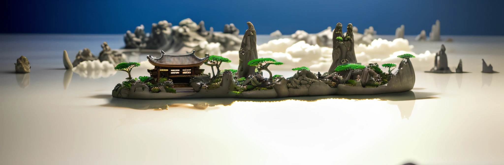8000-year-old bionic style Asian house, in the sea, sea water in the foreground, middle view on a mine hill, ethereal 6000-year-old begonia tree, mountain peak, lying in white cloud wonderland, liquid cloud, emitting spore cloud, surreal water art, badly damaged wall, glowing flower-shaped cloud, slimy reflection, emotionalism, photos taken with Sony A7R camera, clear focus on the landscape,