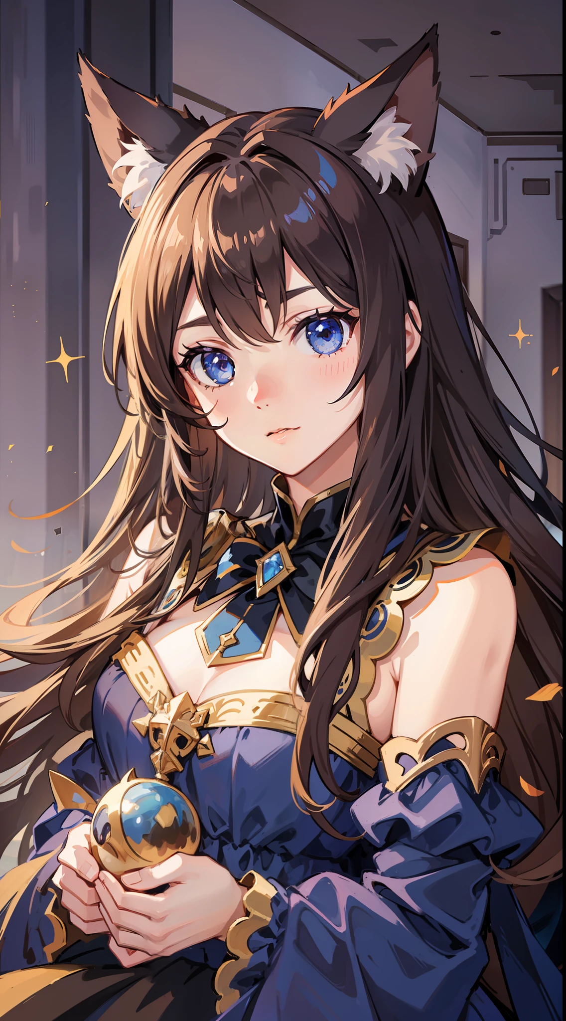 Young girl, long brown hair, blue eyes, cat ears, fantasy dress, masterpiece, high quality