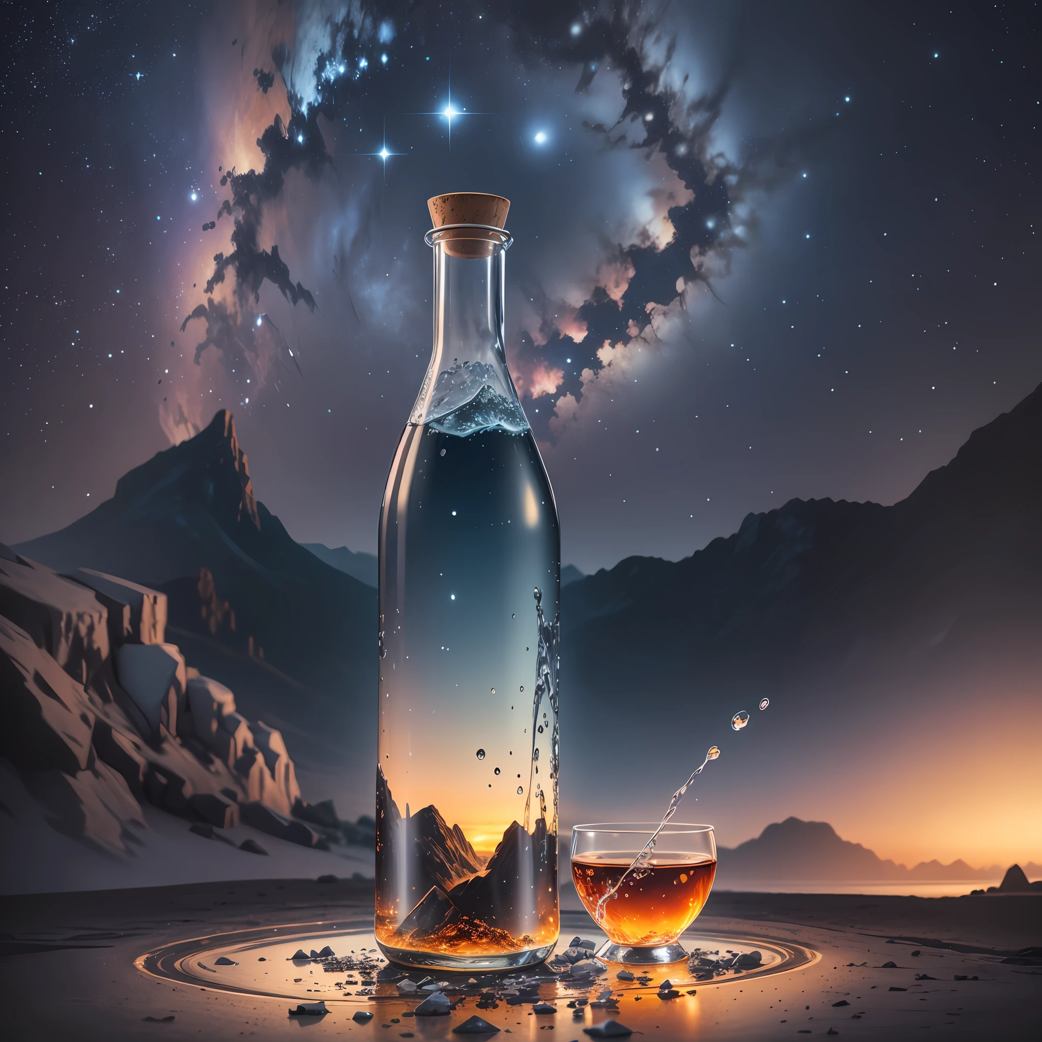 Computer, realistic fantasy, Extensive landscape ultrasound photography (general view, which shows a glass glass bottle, glass, ice, fire), cork lying around, dawn dissolves in the bottle, meteor shower, blurred background, gloomy, magic, --auto --s2