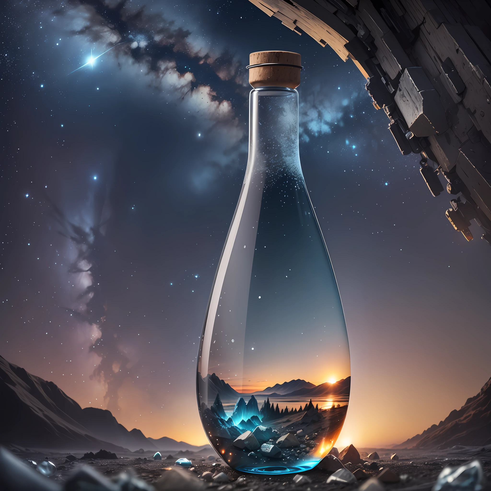 Computer, realistic fantasy, Extensive landscape ultrasound photography (general view, which shows a glass glass bottle, glass, ice, fire), cork lying around, dawn dissolves in the bottle, meteor shower, blurred background, gloomy, magic, --auto --s2