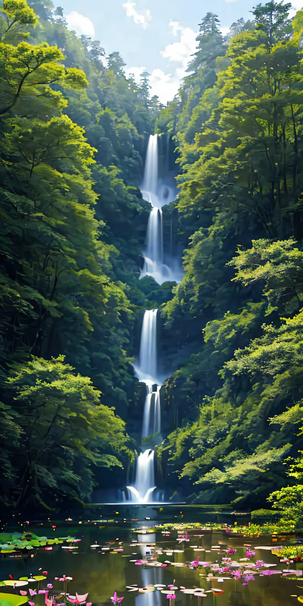masterpiece,tranquility,scenic beauty,best quality，best quality,serenity,rustic charm,natural simplicity，best quality,delicate ecosystem,harmonious coexistence,bucolic idyll，best quality,pristine wilderness,majestic grandeur,[strange rocks:0.9]，best quality,stream/brook,waterfall,lotus pond, [insects:0.9], {trees/forest:1.05}