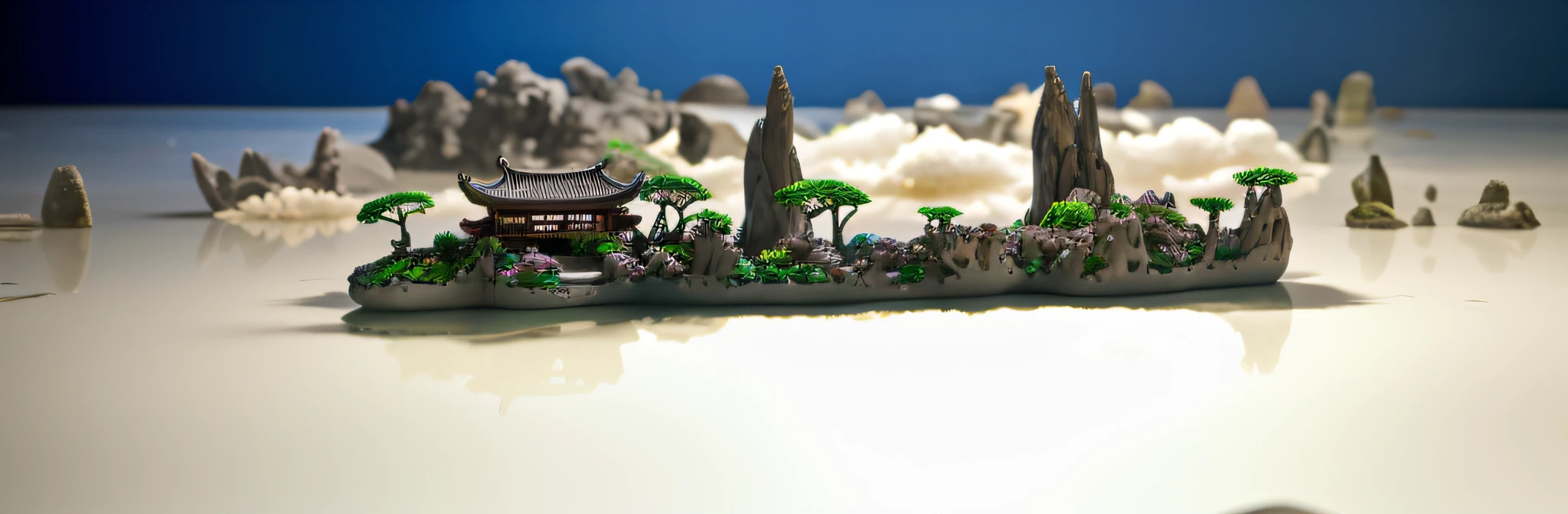 8000-year-old bionic style Asian house, in the sea, sea water in the foreground, middle view on a mine hill, ethereal 6000-year-old begonia tree, mountain peak, lying in white cloud wonderland, liquid cloud, emitting spore cloud, surreal water art, badly damaged wall, glowing flower-shaped cloud, slimy reflection, emotionalism, photos taken with Sony A7R camera, clear focus on the landscape,