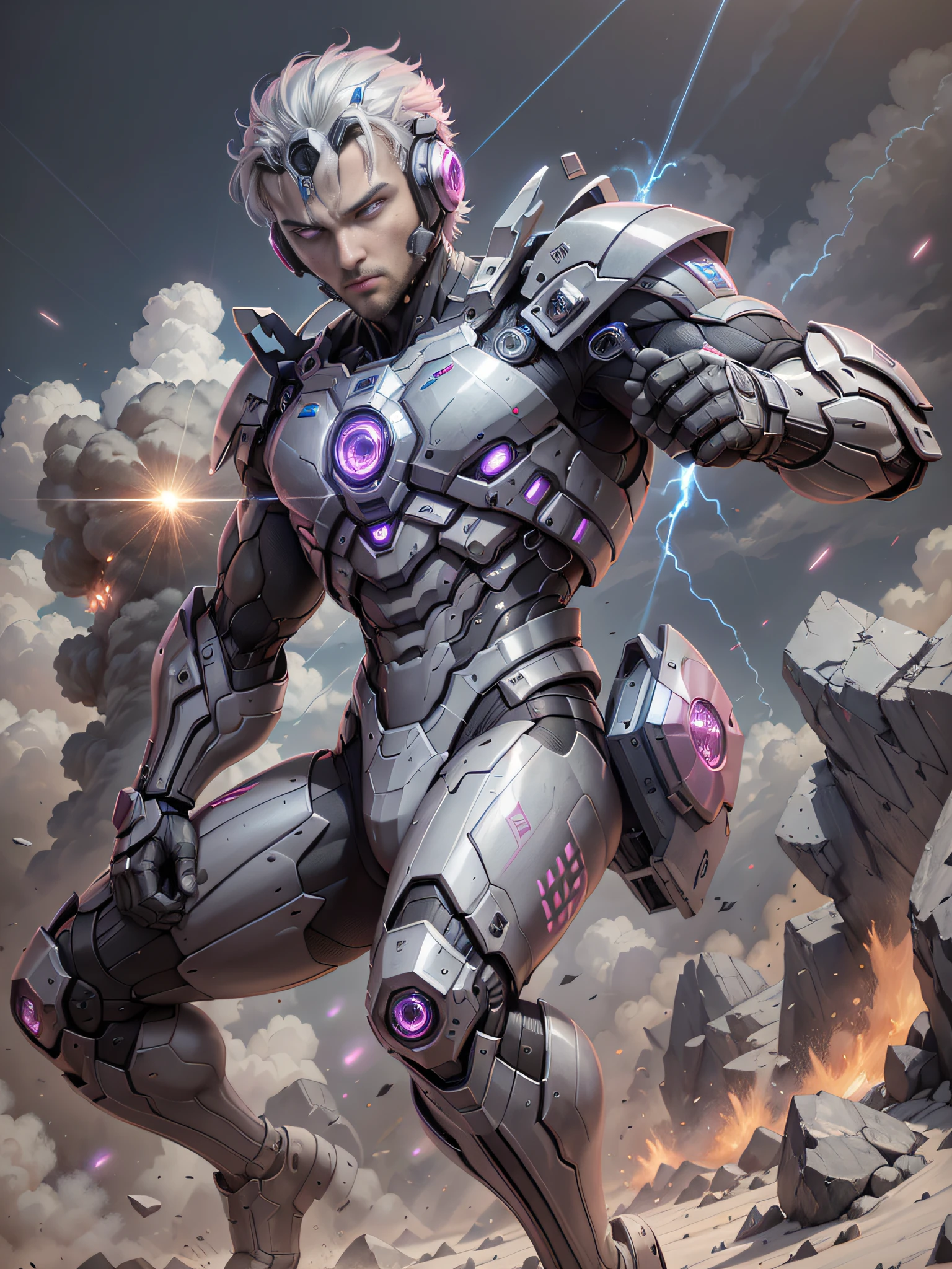 8K, Best Quality, Masterpiece, Ultra High Resolution, (Realism: 1.4), Real, Photography, Men, in futuristic clothes, High-tech combat suit, cold face, (pink pupils), ((pink crystal eyes)), red laser beam, full body, macho, holding holographic projection shield, black cloud, lightning, real aerial battlefield background, floating dust, Falling planes, armored vehicles, flying anti-aircraft missiles, exploding flames, real person, real face, cool, perfect cyborg wearing sci-fi headset, cool man, cyborg, silver-haired, manipulator, CG,