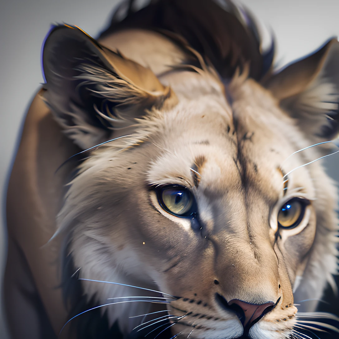 lion, (full body:1.8), masterpiece, best quality, 8k, absurdres, ultra realistic, highres, photography, film grain, chromatic aberration, sharp focus, HDR, facelight, dynamic lighting, cinematic lighting, professional shadow, simple background, (grey background:1.4), highest detailed, extreme detailed, ultra detailed, finely detail, (sharp pupils, realistic pupils:0.2)