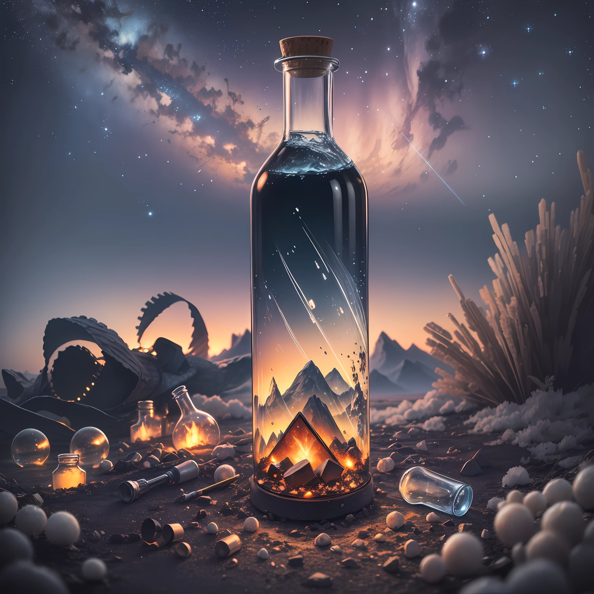 Computer, realistic fantasy, Extensive landscape ultrasound photography (general view, which shows a glass glass bottle, glass, ice, fire), cork lying around, dawn dissolves in the bottle, meteor shower, blurred background, gloomy, magic, --auto --s2