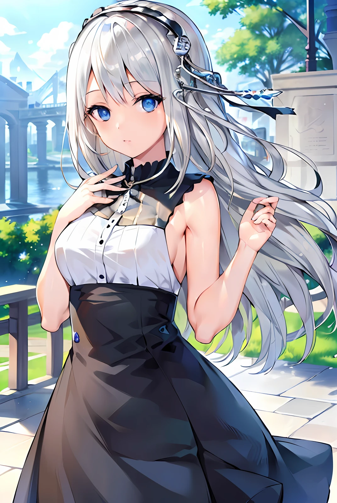 Best quality, masterpiece, white hair, blue eyes, upper body, ****ta, girl