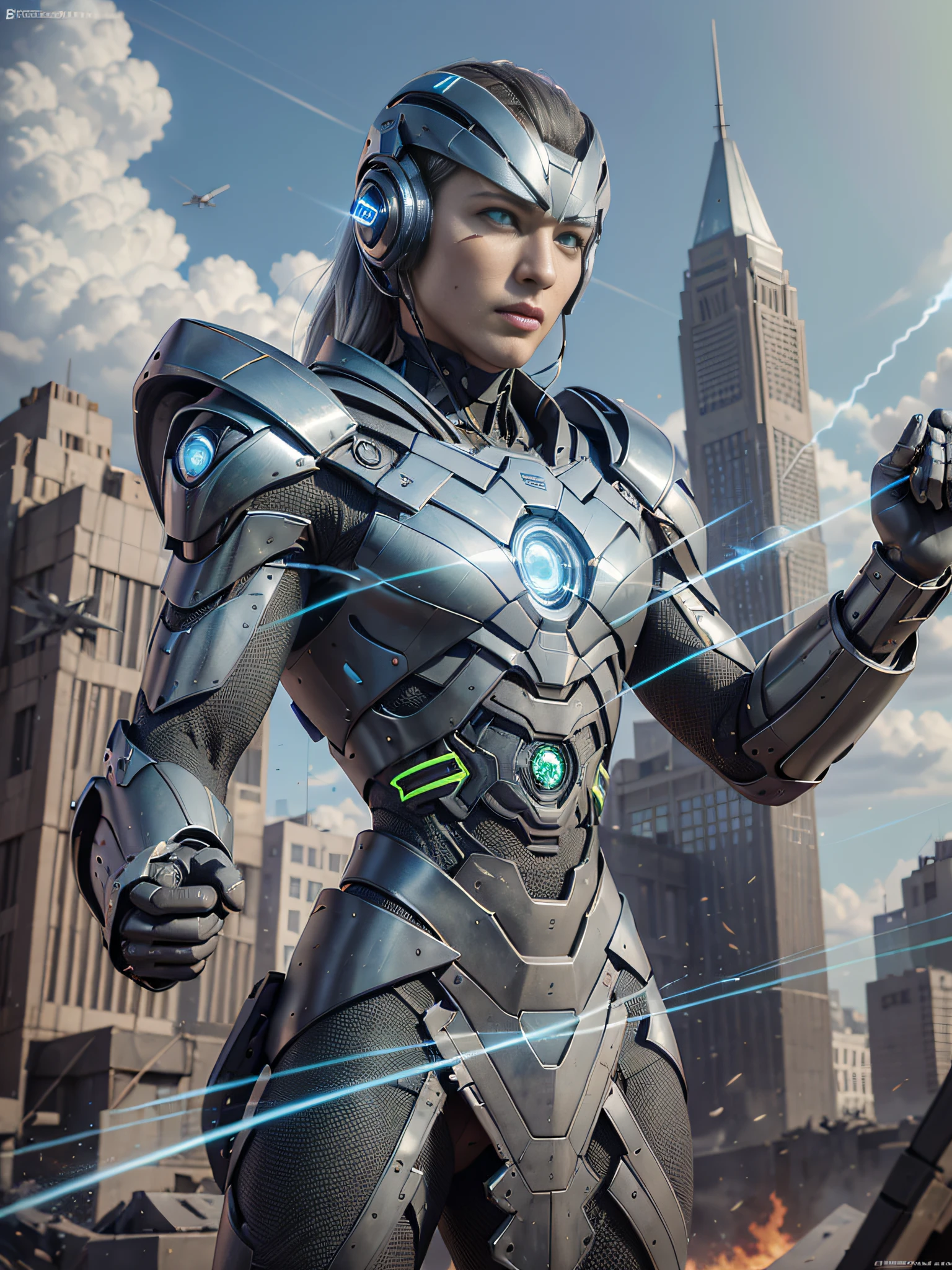8K, Best Quality, Masterpiece, Ultra High Resolution, (Realism: 1.4), Real, Photography, Men, in futuristic clothes, High-tech combat suit, cold face, (cyan pupils), ((green crystal eyes)), pale yellow laser beam, full body, macho, holding holographic projection shield, black clouds, lightning, real aerial battlefield background, floating dust, Falling planes, armored vehicles, flying anti-aircraft missiles, exploding flames, real person, real face, cool, Perfect cyborg wearing sci-fi headset, cool man, cyborg, silver-haired, manipulator, CG,