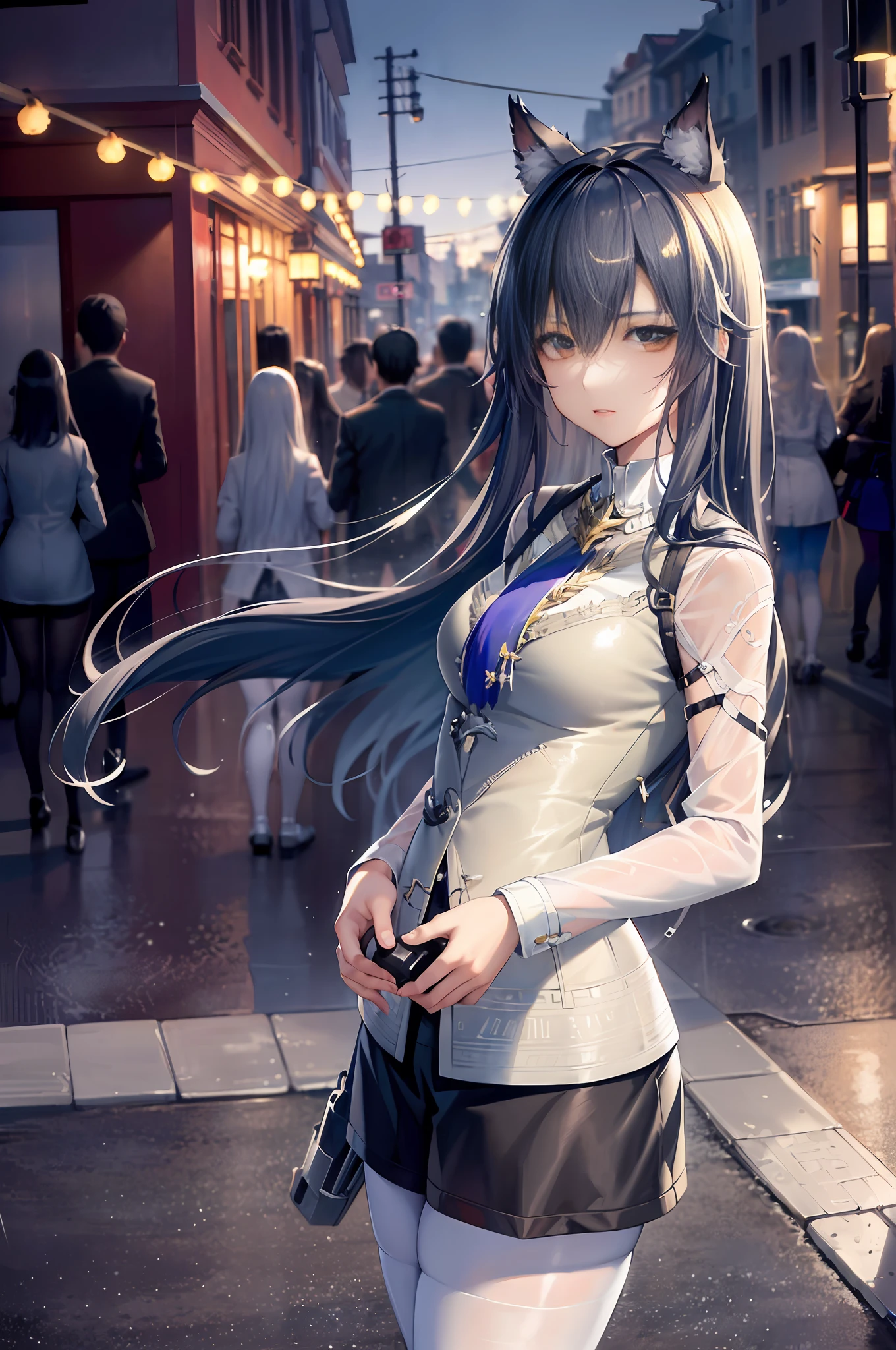 (8k, RAW photo, best quality, master:1.4), ultra high res, (realistic, photo-realistic:1.48),omertosa,1girl,(Kpop idol), (aegyo sal:1), cute, (super bokeh night city center:1.25), bokeh, night, traffic light, road sign, rain, after rain, humidity, professional lighting, detail lighting, photon mapping, radiosity, physically based rendering, white pantyhose bloom, backlight, depth of field, natural light, hard focus, film grain, one meter shooting distance, professional shooting, shooting with Sony a9 II mirrorless camera, detailed eyes, realistic eyes, detailed shadows, looking at the audience, dog ears, detailed lighting, skirt, miniskirt, long legs, black stockings, (fine hair, realistic hair, Realistic lighting, realistic shadows, realistic costumes), realistic skin, (gun on the waist: 1), realistic light reflection from above, ((behind the arms)), (hands behind) bandeau sexy night wet rain white stockings