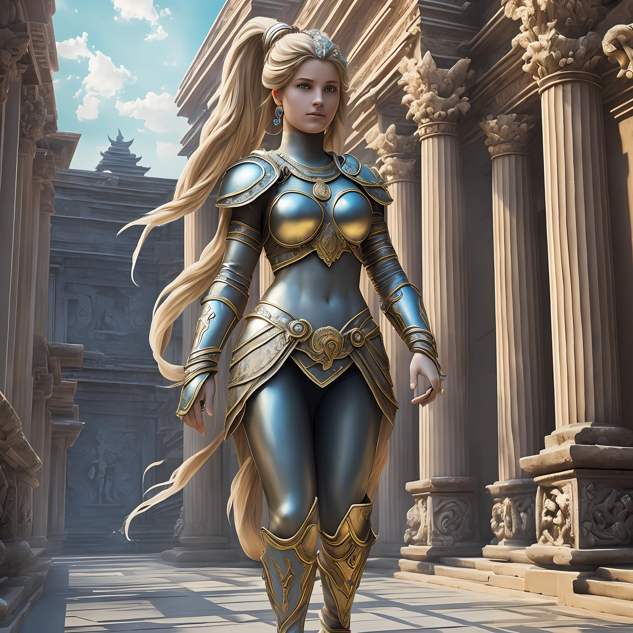 (8K, best quality: 1.2), (masterpiece: 1.37), (photo, photorealistic: 1.37), (ultra-high resolution), full body, walking pose, front shot, slow motion, female paladin using body full, (light silver armor: 1.2),(richly decorated armor), (amazingly detailed, bloom: 1.5), (high quality, Alessandro Casagrande, Greg Rutkowski, Sally Mann, concept art, 4k), 1.2), (high sharpness ), (detailed students: 1.1), detailed face and eyes, Masterpiece, best quality, (highly detailed photo: 1.1), (long blonde hair, ponytail, ecstatic: 1.1), (young: 1.1) , sharp, (perfect body:1.1), realistic, real shadow, 3d, (temple background:1.2), (by Michelangelo), photographed by Canan EOS R6, 135mm, 1/1250s, f/2.8, ISO 400