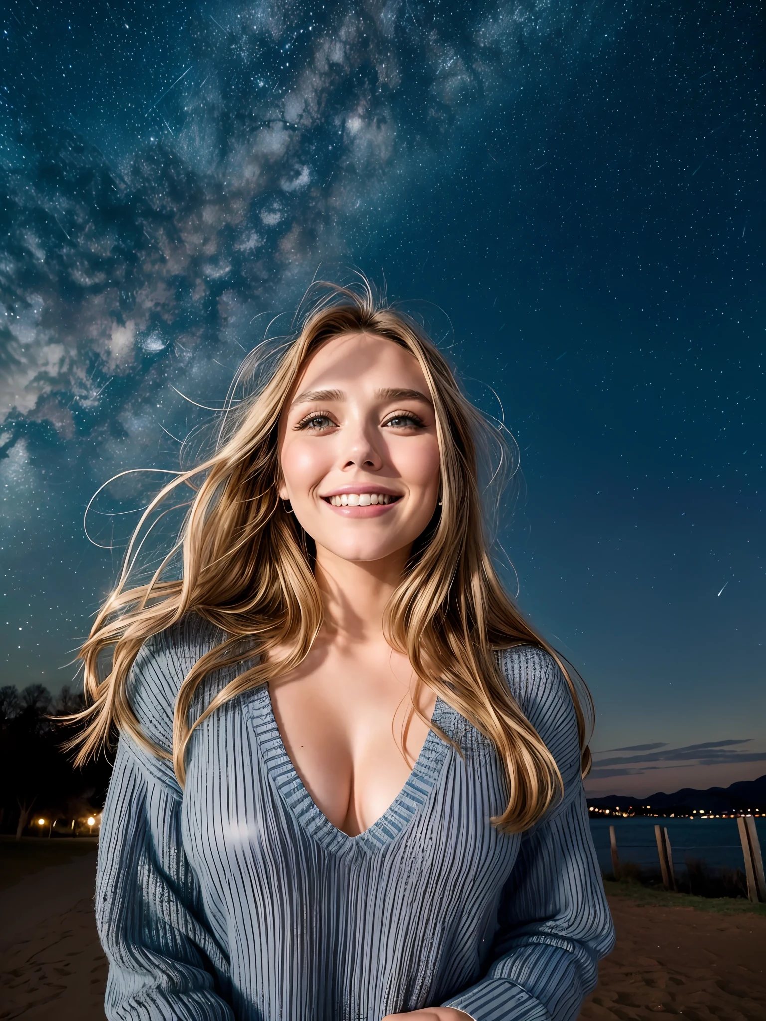 (RAW style, masterpiece, best quality, ultra-detailed), Elizabeth Olsen posting outdoor, deep V sweater, starry night, cheerfully and happy, clear sky, analog style, (skin texture, film grain), cinematic light, sidelighting, ultra high res