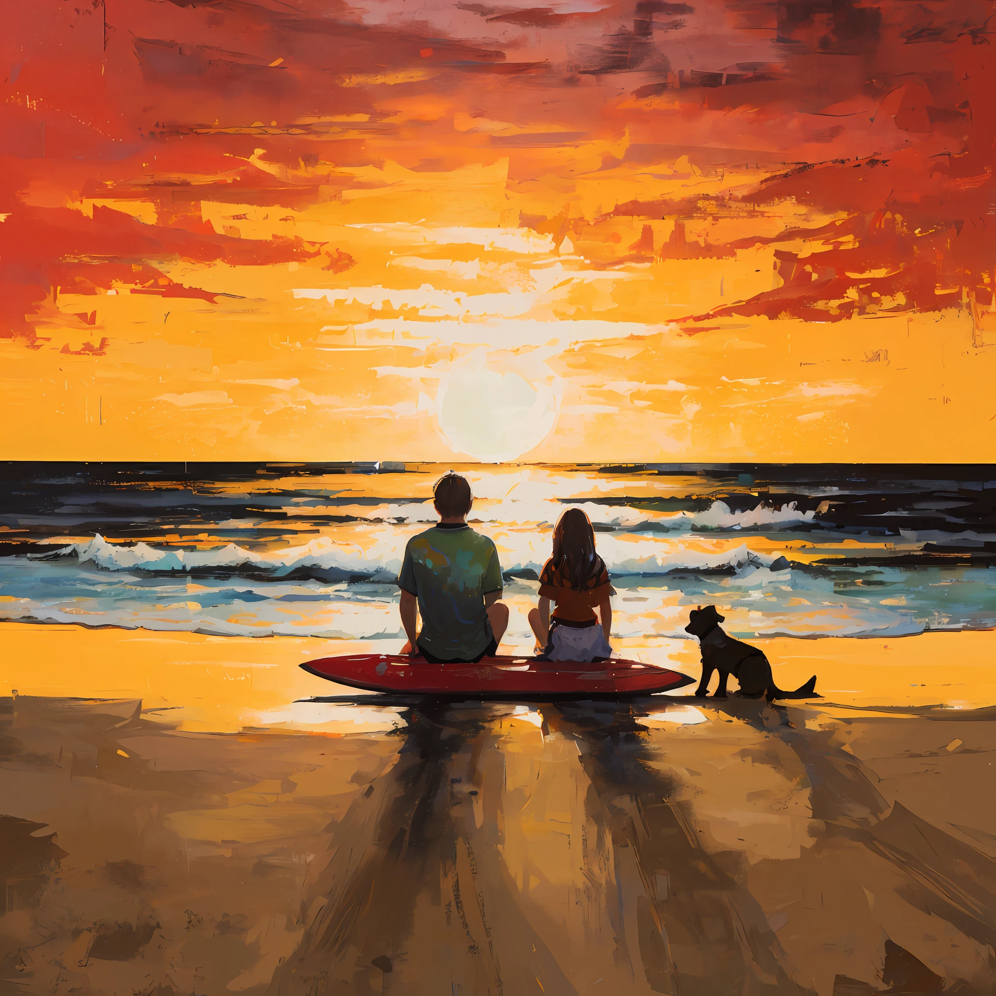 painting of a couple and their dog sitting on a surfboard on the beach, watching the sunset, on the beach at sunset, at the sunset, endless summer art, in the sunset, at the beach on a sunset, on the beach during sunset, sunset at the beach, sunset on the beach, sunset glow, romantic painting, looking at sunset, sun set