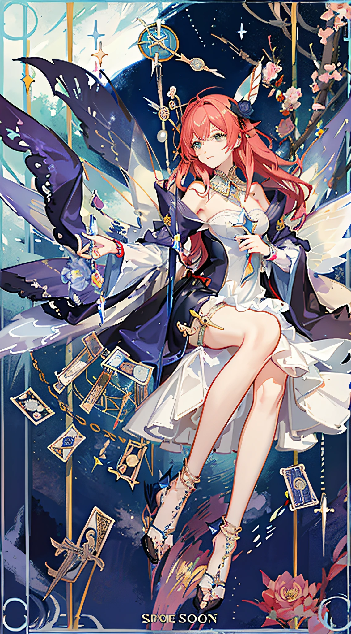 (Golden Ratio: 1.2), (Rose Graffiti: 1.2), (Glitch Color: 1.3), [(White Background: 1.4)::10], (Whole Body: 1.2), (Super Fine: 1.3), (Tarot :1.6),(Magician (Tarot):1.6),(Paper:1.2),(Fairy:1.6),(Fairy Wings:1.2),Full Body, Hanging,(Cool:1.2),(Red Long Hair ),(butterfly hair accessory),(flower hair accessory: 1.0),((sandals,Locket)),(colored cocktail dress: 1.0)+(loose-sleeve jacket: 1.3)+(fluttering colorful tassels and ribbons :1.2 ),(white stockings: 1.2),(colored ink paper flowers: 1.2),(colorful flower sea: 1.3),(chaotic geometry: 1.3),(negative space: 0.8),(drawing board: 1.3 ), (Ether Color ink flow: 1.3)