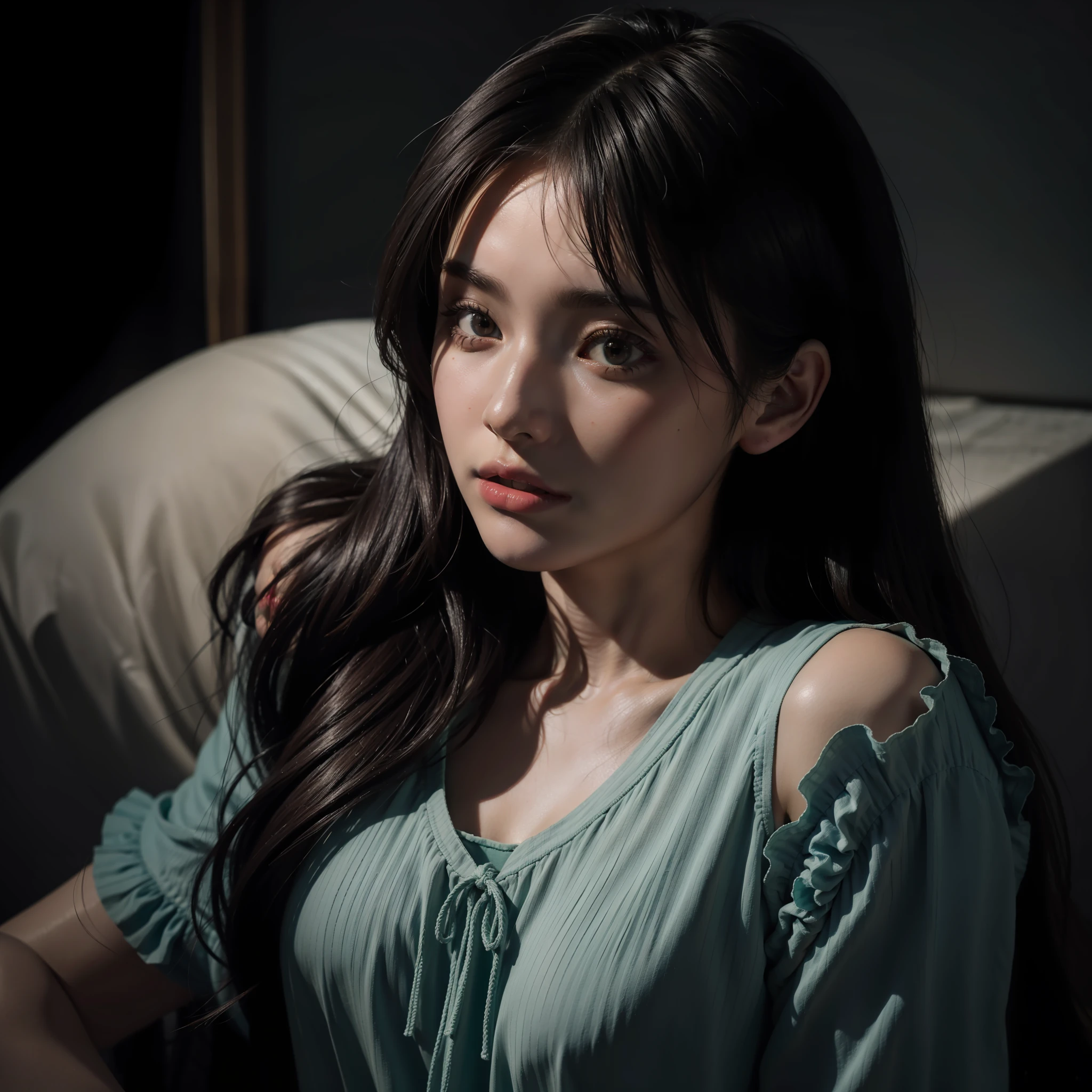 (Front Focus), (In the Dark: 1.6), Portrait of a Female Hyperrealist by David Hockney and Alphonse Mucha, Realistic Photography, Dynamic Lighting, Art Station, Posters, Volumetric Lighting, Highly Detailed Face, 8K, Award-Winning Girl, (Official Clothes: 1.4), Long Hair, Sexy Clothes, Japan Actress, clothes falling from the shoulders, dark eyes,