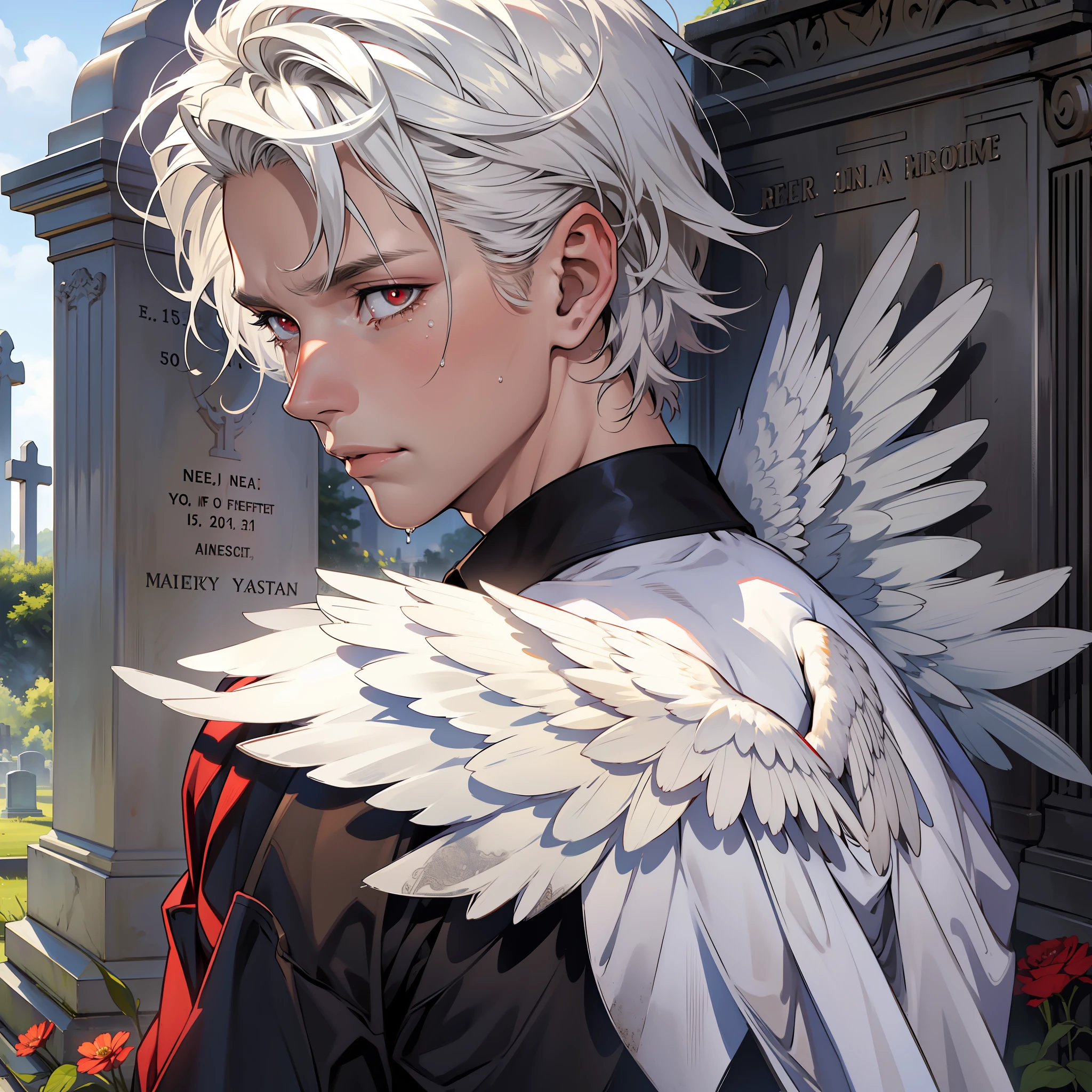 ((realistic: 1.5)),((best quality)), ((masterpiece)),((detailed)), man, young, short white hair, red pupils, angel wings, on his back, in front of a cemetery, crying