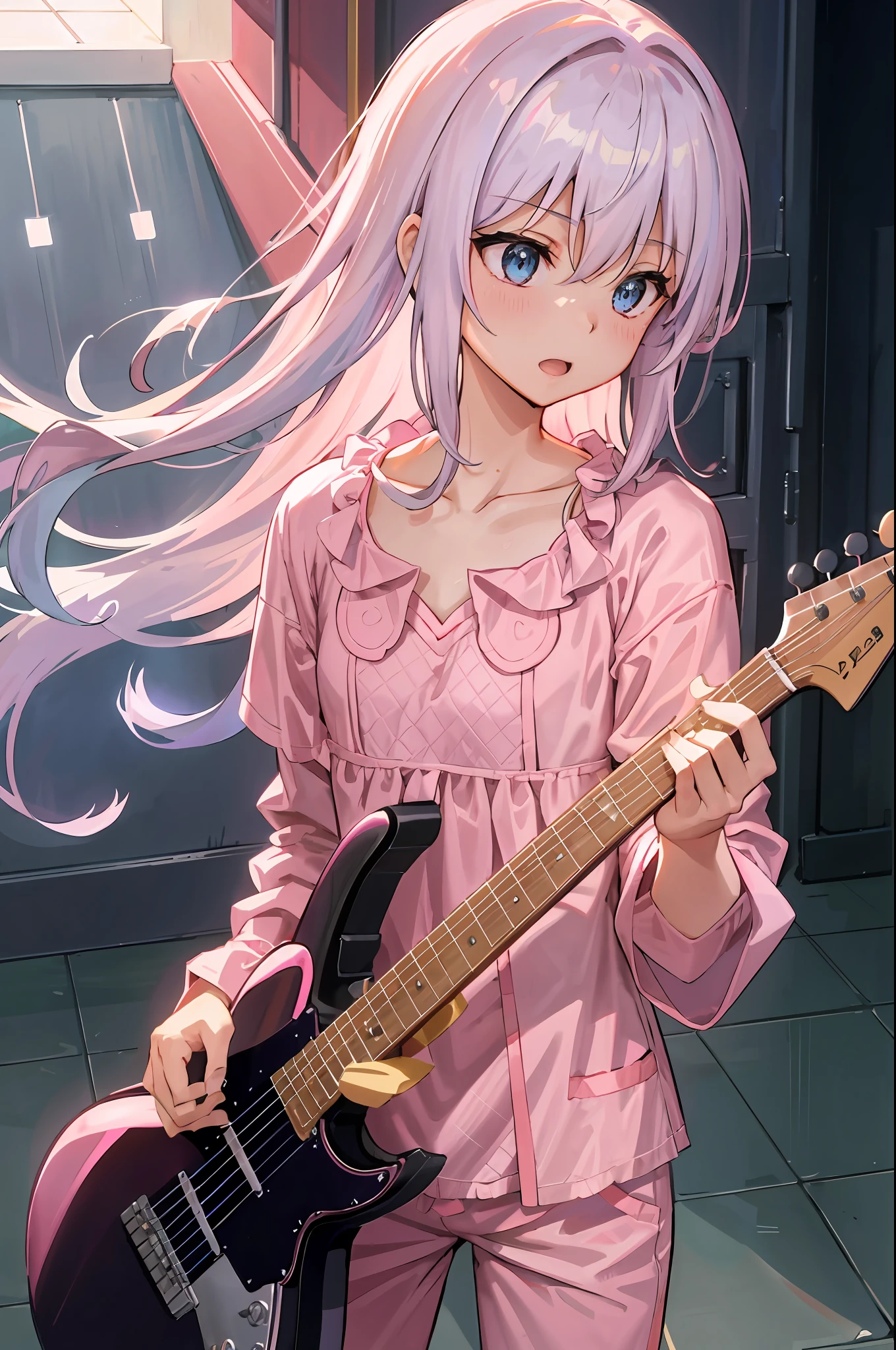 ((("(({Emphasis on chest}}))))), ((Highly detailed CG Unity 8k wallpaper, masterpiece, top quality, super detail)), (mksks), detail, depth of field (bloom), ray tracing, reflected light, floating,
1 girl, acoustic_guitar, amplifier_\(musical instrument\), blue eyes, pink long hair, pink track jacket, bangs, hair between eyes, electric_guitar, guitar, holding_instrument, indoors, musical instrument, silver hair, long hair, collarbone, navel, middle of chest, wet skin, ray tracing, depth of field, looking at the audience, Girl in pink pajamas in jungle, sporty, pajamas, pajamas, pink pajamas, long pink pajamas , music, open_mouth, picture_frame, pink_hair, playing_instrument, plectrum, sheet_music, sitting, solo, speaker