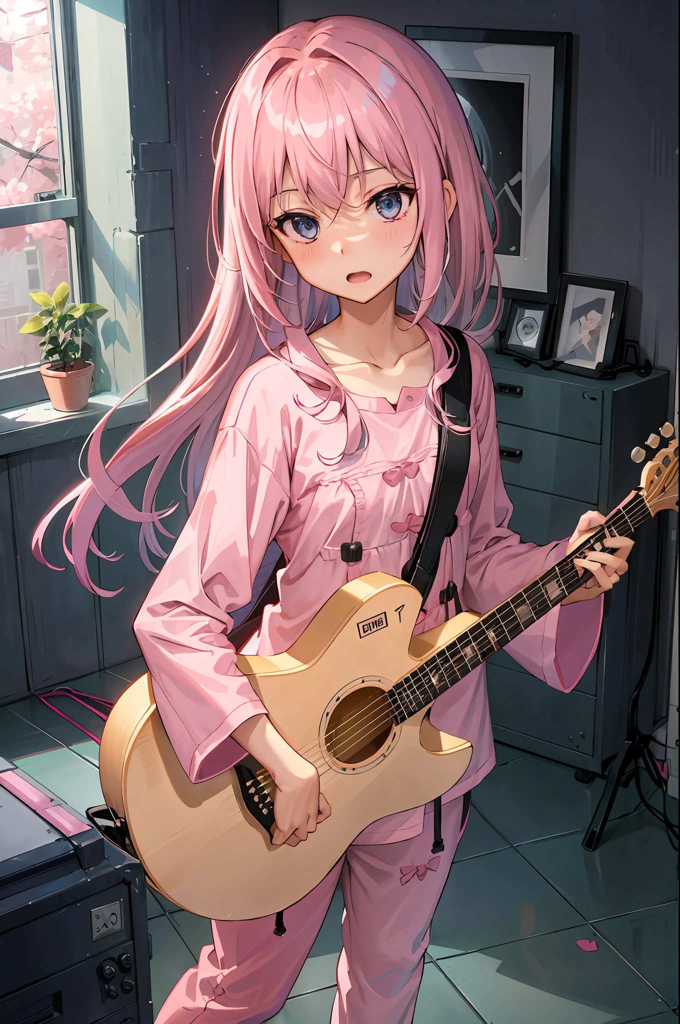 ((("(({Emphasis on chest}}))))), ((Highly detailed CG Unity 8k wallpaper, masterpiece, top quality, super detail)), (mksks), detail, depth of field (bloom), ray tracing, reflected light, floating,
1 girl, acoustic_guitar, amplifier_\(musical instrument\), blue eyes, pink long hair, pink track jacket, bangs, hair between eyes, electric_guitar, guitar, holding_instrument, indoors, musical instrument, silver hair, long hair, collarbone, navel, middle of chest, wet skin, ray tracing, depth of field, looking at the audience, Girl in pink pajamas in jungle, sporty, pajamas, pajamas, pink pajamas, long pink pajamas , music, open_mouth, picture_frame, pink_hair, playing_instrument, plectrum, sheet_music, sitting, solo, speaker