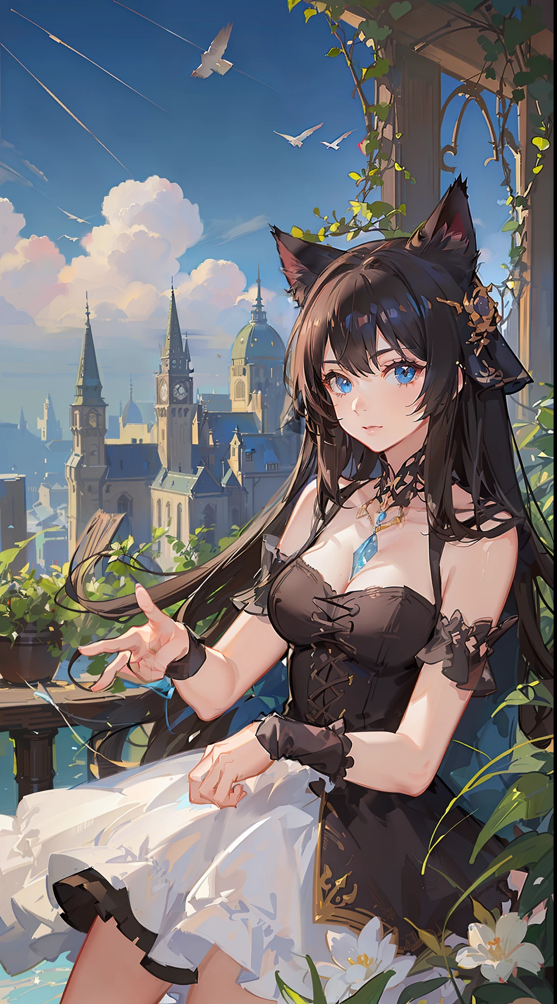 Young girl, long brown hair, blue eyes, cat ears, fantasy dress, masterpiece, high quality