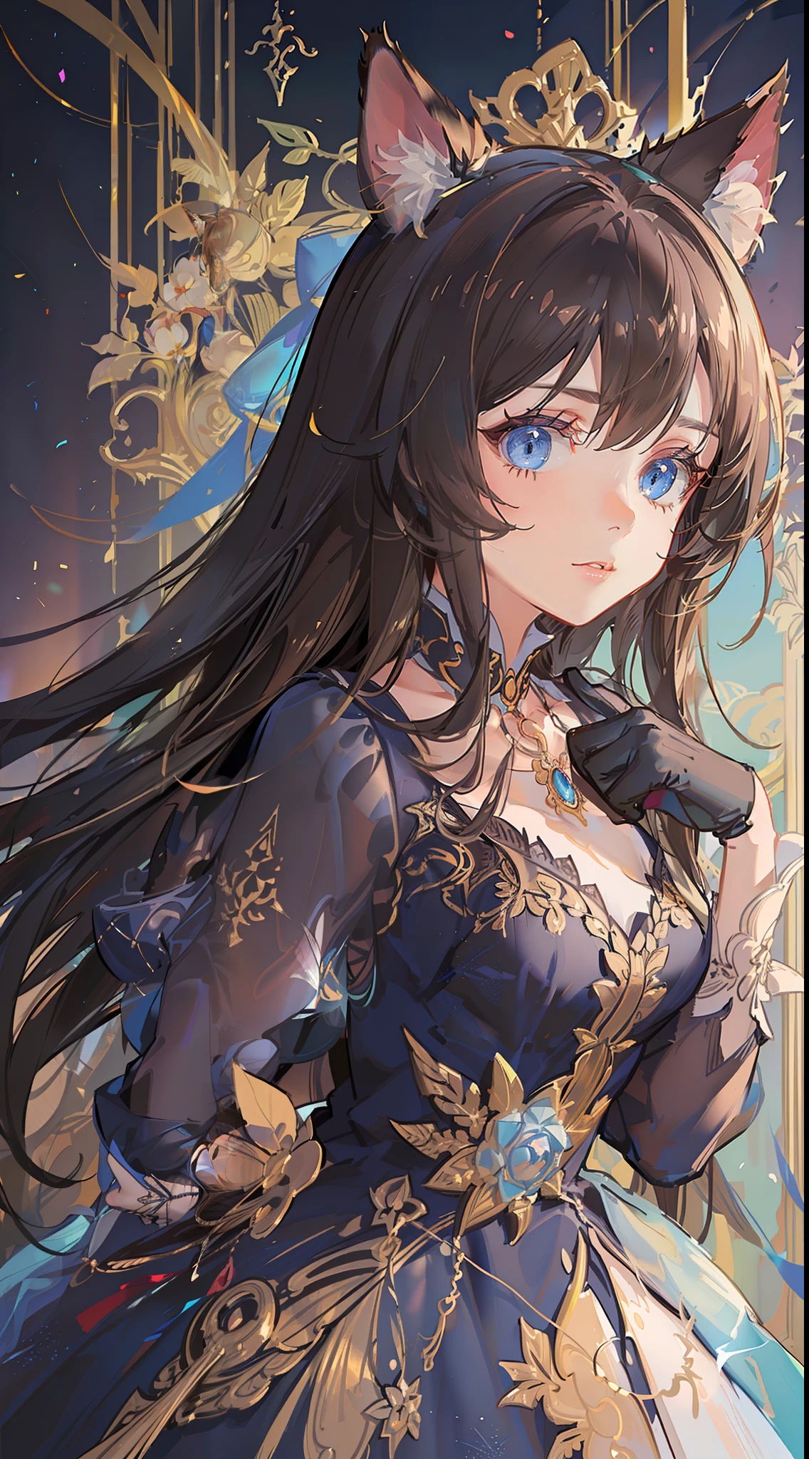 Young girl, long brown hair, blue eyes, cat ears, fantasy dress, masterpiece, high quality