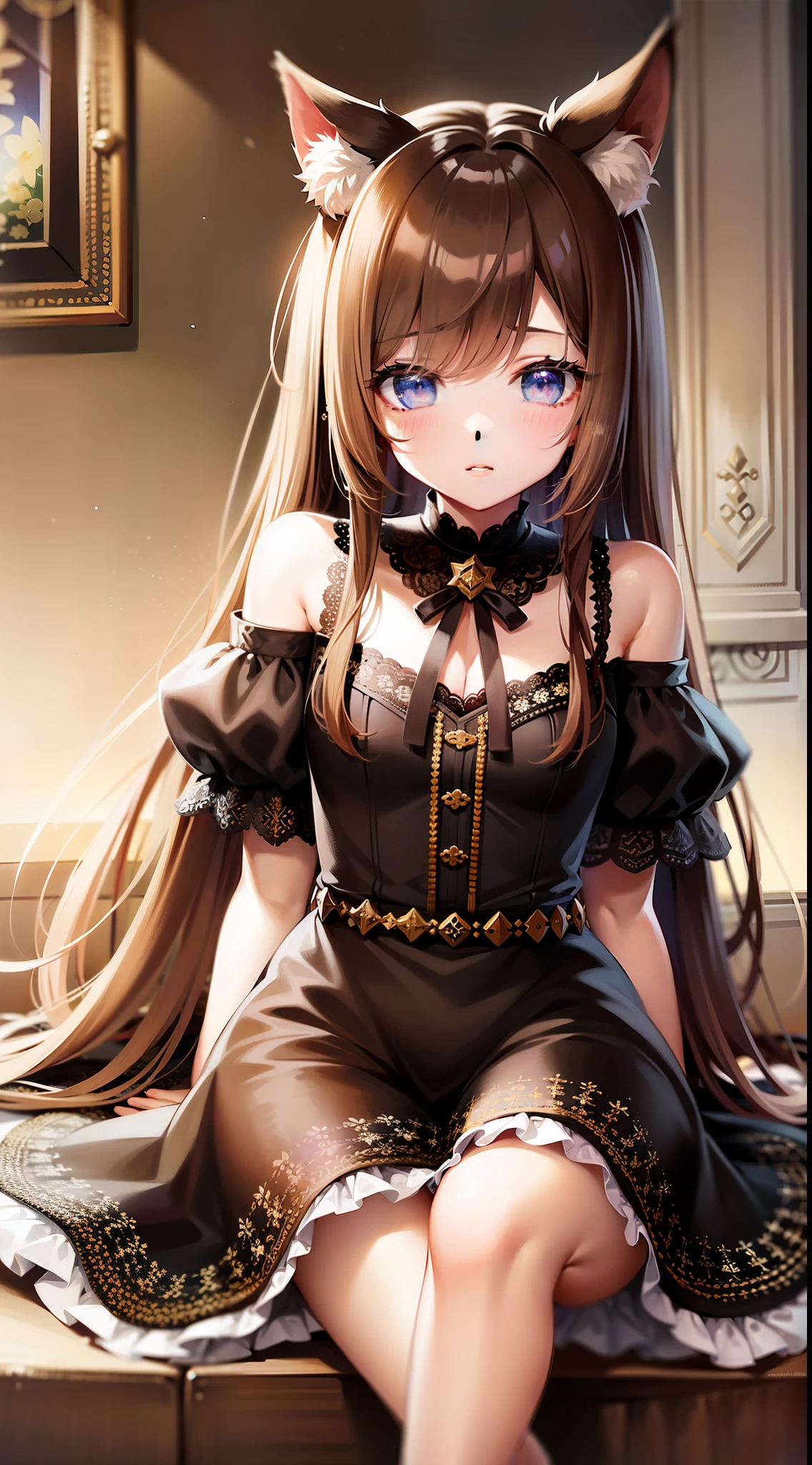 Young girl, long brown hair, blue eyes, cat ears, fantasy dress, masterpiece, high quality