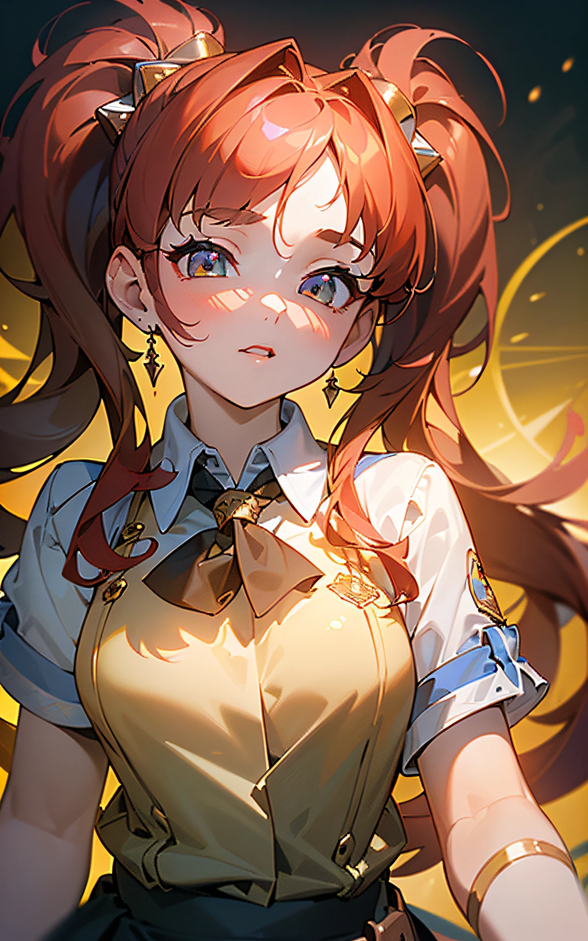 ((unity 16k wallpaper, masterpiece, best quality, ultra-detailed, extremely detailed CG, caustics, detailed, beautiful detailed eyes, 14 years old, dynamic pose、curby)), ultra high-definition, fine skin, (cute: 1.2), (school uniform)、red hair、twin tail