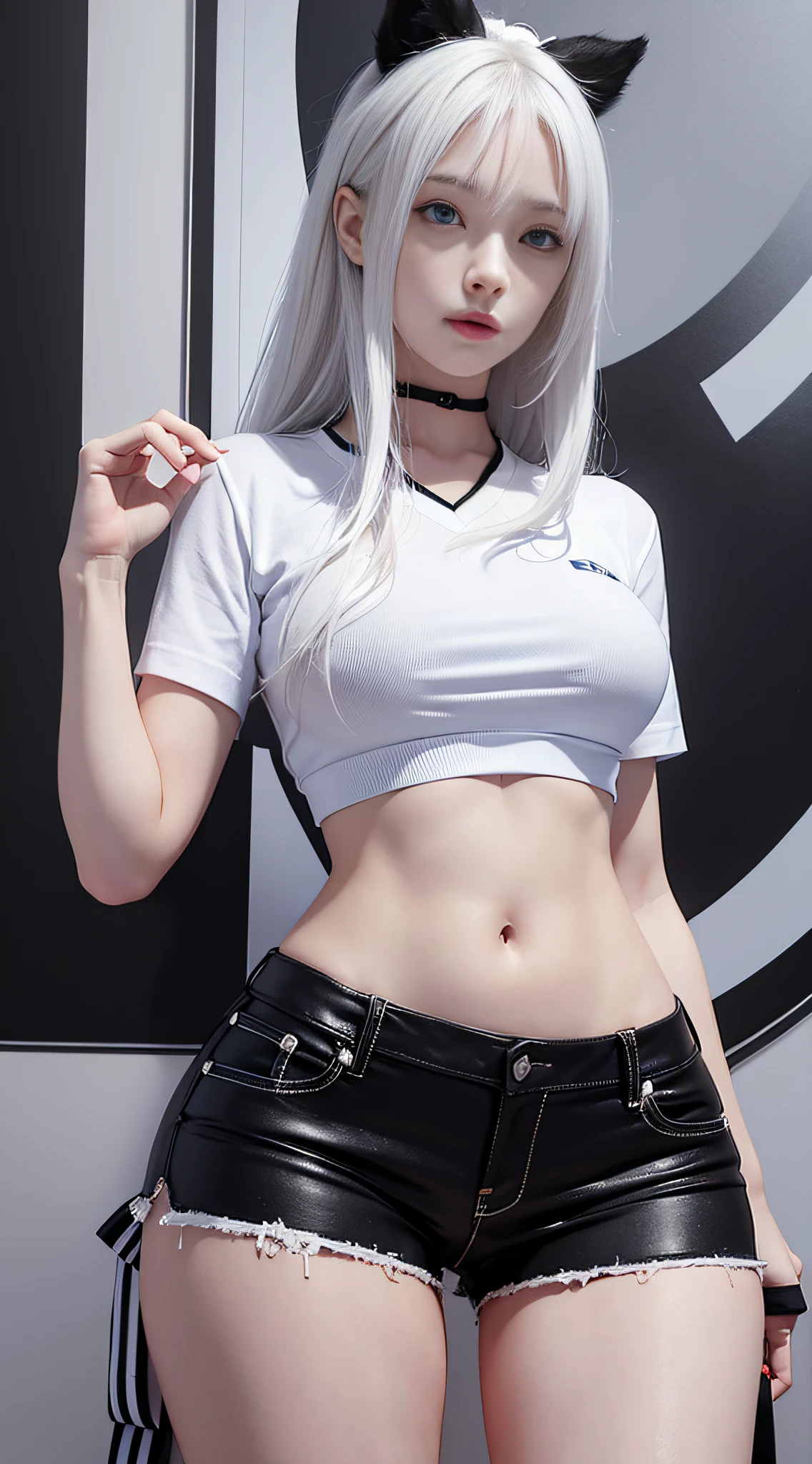 photorealistic, high resolution, 1 girl, white hair, korean, blue eyes, white shirt, skimpy tight black shorts, thick thighs