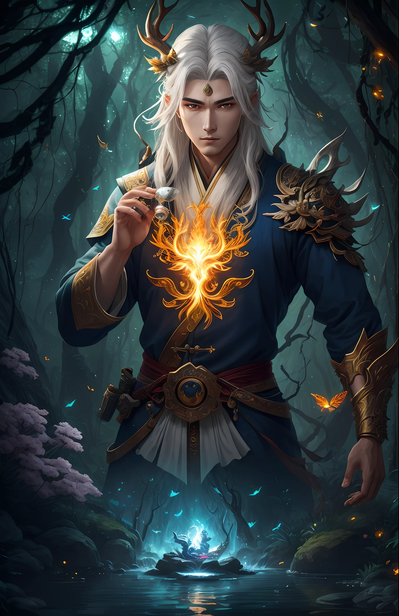 Masterpiece, best quality, (very detailed CG unified 8k wallpaper), (best quality), (best illustration), (best shadow), close-up of a beauty with white hair and white mask, beautiful figure painting, Guvitz, Guwiz style artwork, white-haired god, Yang J, epic exquisite character art, amazing character art, Fan Qi, Wu Zhun Shifan, Guwiz in pixiv art station, glowing elf, with a glowing deer, drinking water in the pool, Natural elements in forest theme. Mysterious forest, beautiful forest, nature, surrounded by flowers, delicate leaves and branches surrounded by fireflies (natural elements), (jungle theme), (leaves), (branches), (fireflies), (particle effects) and other 3D, Octane rendering, ray tracing, super detailed