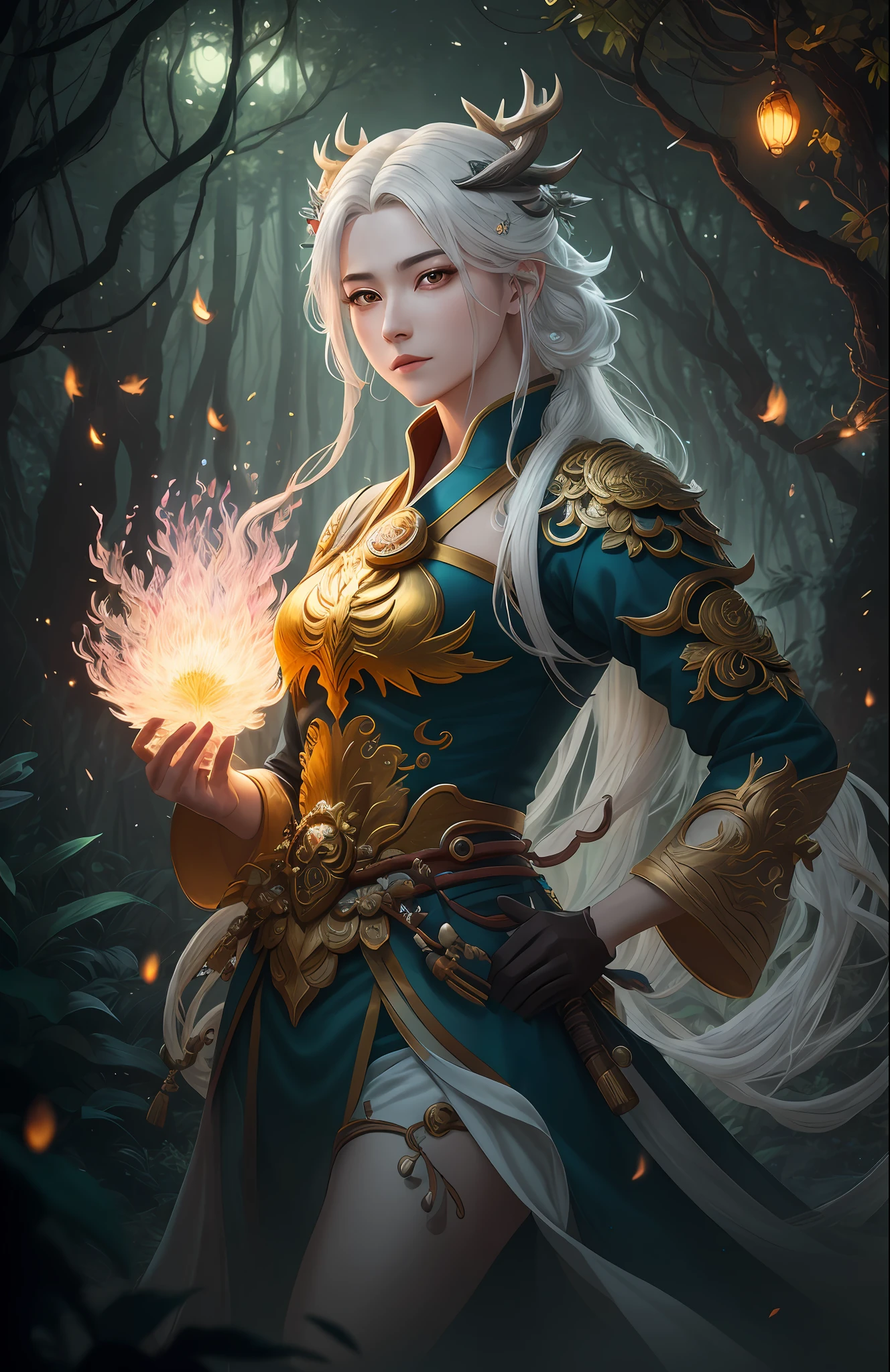 Masterpiece, best quality, (very detailed CG unified 8k wallpaper), (best quality), (best illustration), (best shadow), close-up of a beauty with white hair and white mask, beautiful figure painting, Guvitz, Guwiz style artwork, white-haired god, Yang J, epic exquisite character art, amazing character art, Fan Qi, Wu Zhun Shifan, Guwiz in pixiv art station, glowing elf, with a glowing deer, drinking water in the pool, Natural elements in forest theme. Mysterious forest, beautiful forest, nature, surrounded by flowers, delicate leaves and branches surrounded by fireflies (natural elements), (jungle theme), (leaves), (branches), (fireflies), (particle effects) and other 3D, Octane rendering, ray tracing, super detailed