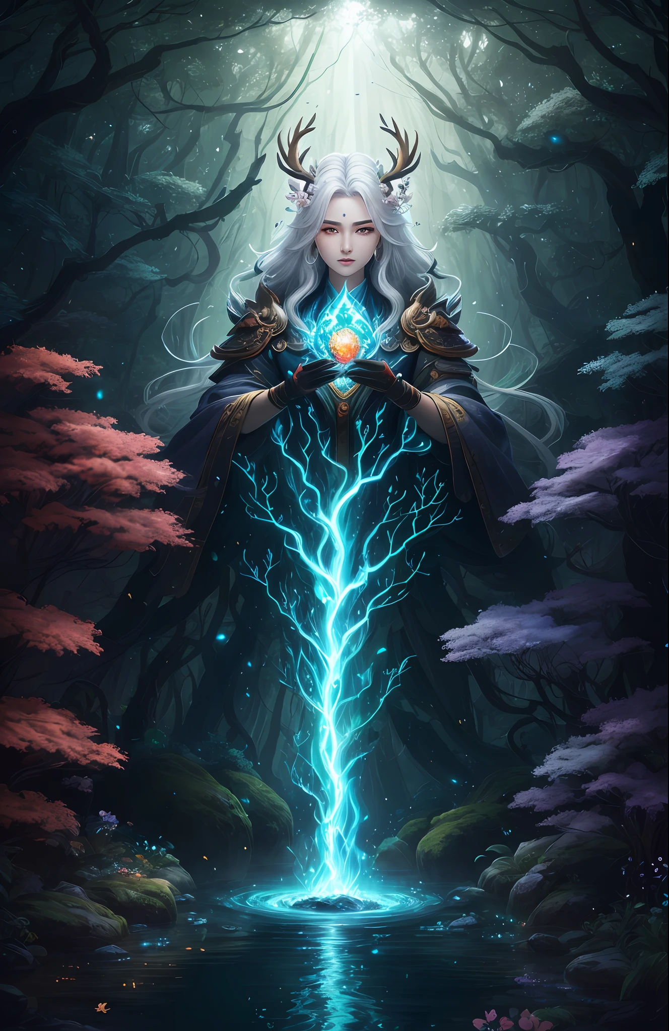 Masterpiece, best quality, (very detailed CG unified 8k wallpaper), (best quality), (best illustration), (best shadow), close-up of a beauty with white hair and white mask, beautiful figure painting, Guvitz, Guwiz style artwork, white-haired god, Yang J, epic exquisite character art, amazing character art, Fan Qi, Wu Zhun Shifan, Guwiz in pixiv art station, glowing elf, with a glowing deer, drinking water in the pool, Natural elements in forest theme. Mysterious forest, beautiful forest, nature, surrounded by flowers, delicate leaves and branches surrounded by fireflies (natural elements), (jungle theme), (leaves), (branches), (fireflies), (particle effects) and other 3D, Octane rendering, ray tracing, super detailed