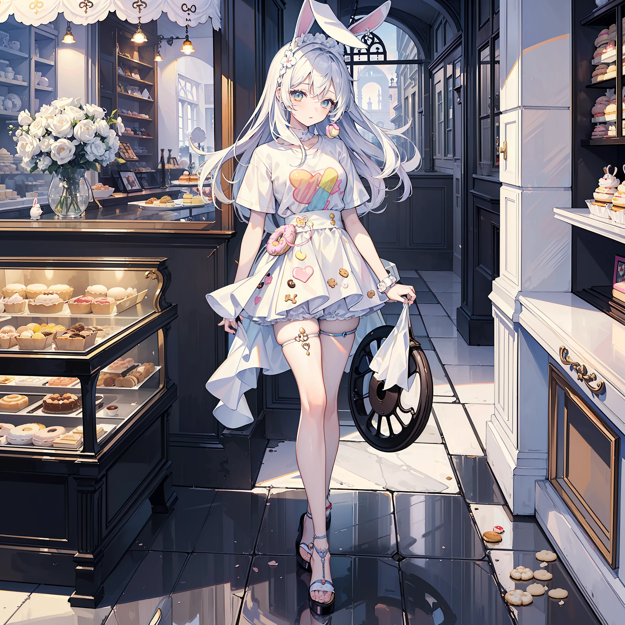 (masterpiece, top quality, best quality, official art, beautiful and aesthetic,1girl,:1.2),Happy, happy, oversized T-shirt and hot pants, high heel sandals, fashionable café, white rabbit, fluffy white rabbit, cake, macarons, donuts, cookies, tea, cute, cute, sweet, pastel colors, fluffy, sweet, pale shades