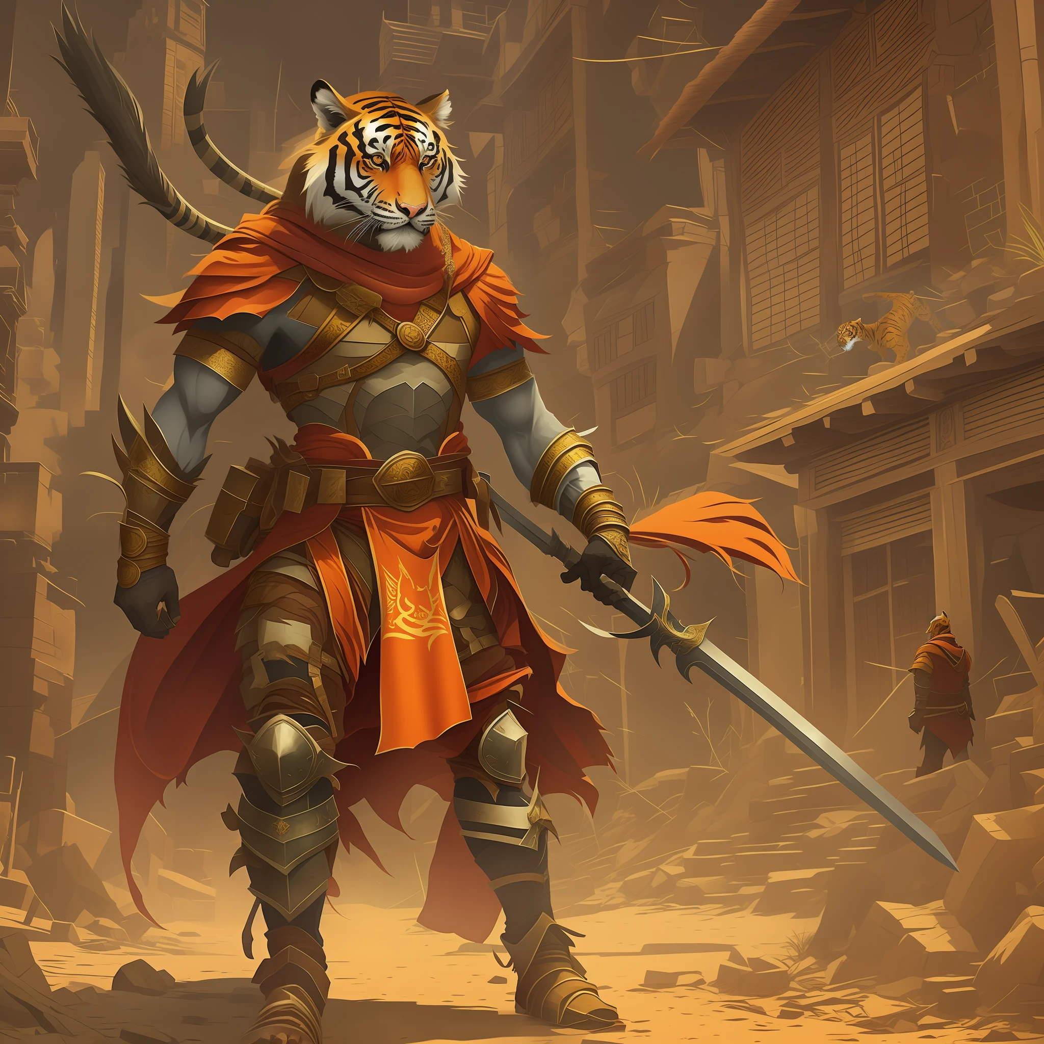 Create a Tiger-Man wearing medieval Muslim armor, with a sword in his right hand.