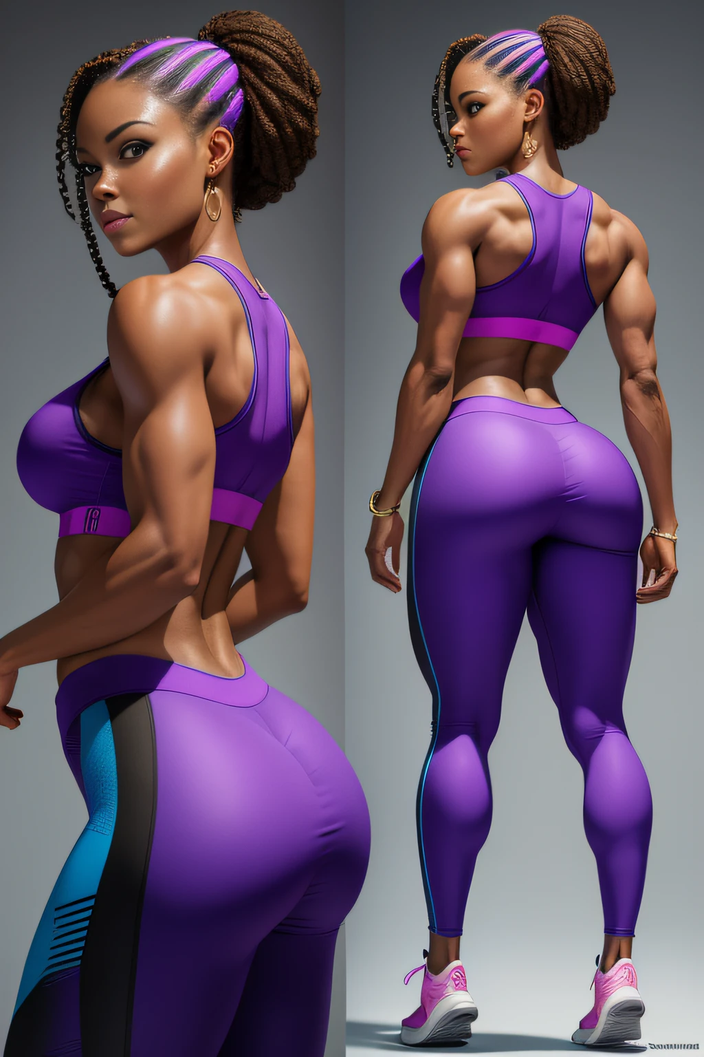 ((Masterpiece)), ((Best Quality)), (Super Detailed), (Very Detailed)), 4K, (8K), Best Quality, (Beautiful), Perfect Anatomy, Back View, Abundant Buttocks, Portrait Photo of African American Supermodel, Pink Sports Tank Top, High-waisted Leggings, Emphasis, Beautiful Face, Beautiful Eyes, Dynamic Pose, Feminine Physique, Smile, Goddess, Unreal Engine, Octane Rendering, Movie Lighting,