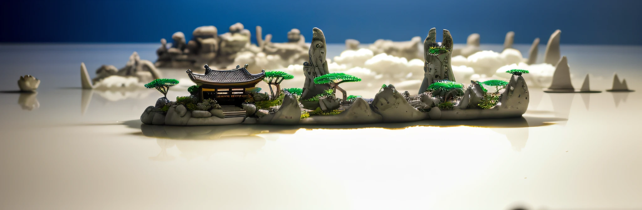 8000 year old bionic style Asian house, in the sea, sea water in the foreground, middle view on a mine hill, ethereal 6000 year old plum blossom tree, mountain peak, lying in white cloud wonderland, liquid cloud, emitting spore cloud, surreal water art, badly damaged wall, glowing flower-shaped cloud, slimy reflection, emotionalism, photos taken with Sony A7R camera, clear focus on the landscape,