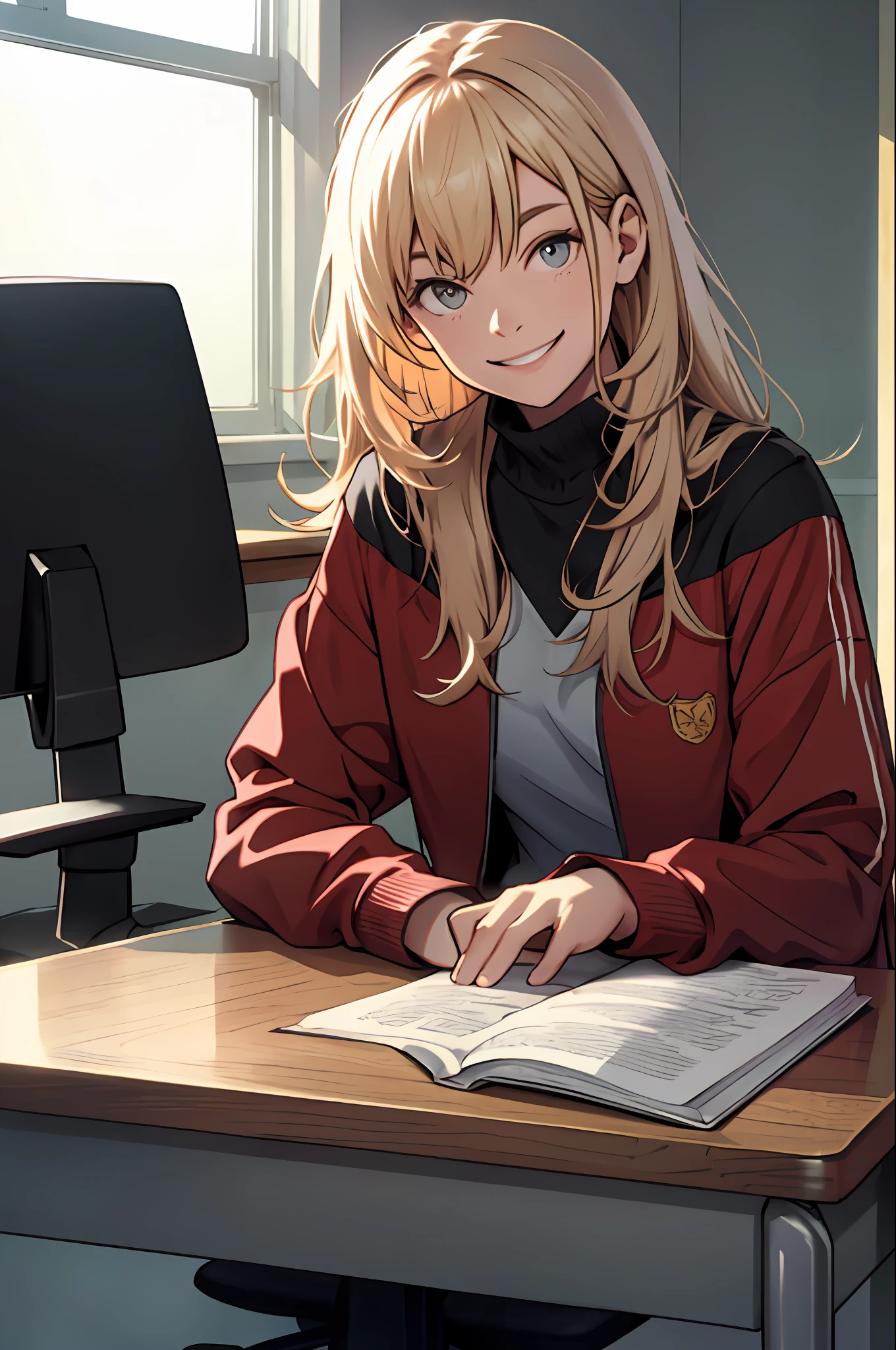 smiling, looking at the camera, sitting at the desk