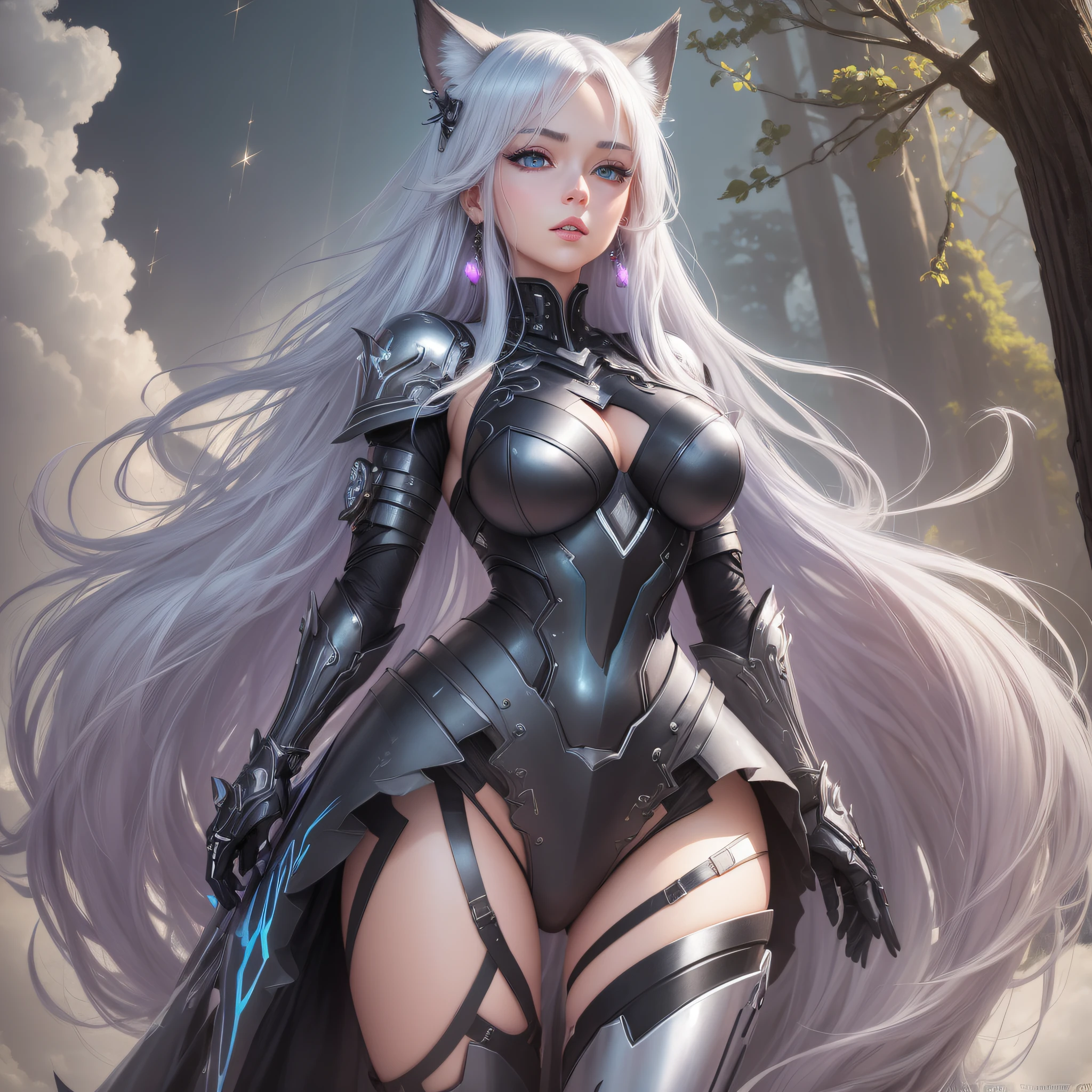 exposed, naval, inner thigh,bust,Life like sexy anime cyborg cat girl with long white hair and blue eyes, full body portrait, white and black battle dress, battle armor, life like characteristics,ultra realism, Soft smile, riding a mystical black dragon,apocalyptic background, naughty pose, hyper realistic, 3 d anime realistic, advanced digital anime art,extremely detailed art germ, 8k high quality detailed art, solo,full body portrait, amazing beauty,, dynamic pose, delicate face, vibrant eyes, (from the front), silver hair, streaked hair, very long hair, expressive hair, multicolored eyes, aqua eyes, purple eyes, fox ears,heart earrings, earrings, light smile, shy, blush, parted lips, licking lips, heavy breathing, naughty face, naughty, sparkle, god rays, super detail, high quality, anatomically correct, textured skin, best quality,full body portrait,silver wolf,seen from below,guweiz on artstation pixiv, forest back ground, resolution 4098x2160, 8k --auto --s2