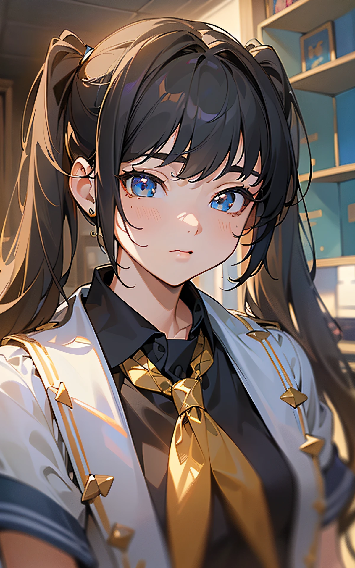((unity 16k wallpaper, masterpiece, best quality, ultra-detailed, extremely detailed CG, caustics, detailed, beautiful detailed eyes, 14 years old, dynamic pose、curby)), ultra high-definition, fine skin, (cute: 1.2), (school uniform)、black hair、twin tail