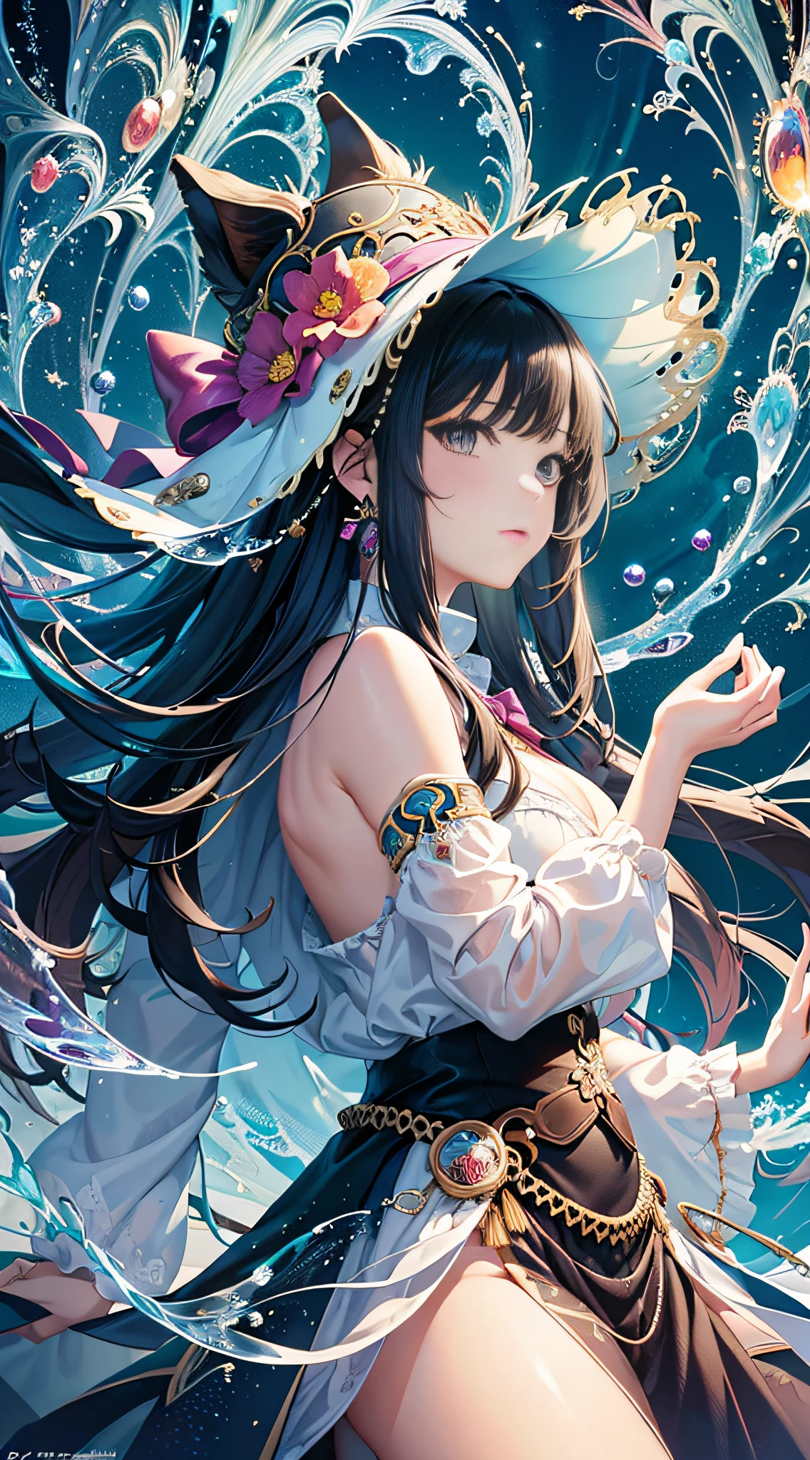 (masterpiece, top quality, best quality, official art, beautiful and aesthetic:1.2), (1girl:1.3), (fractal art:1.3), cowboy shot,
kamisato ayaka, floating water, glowing,