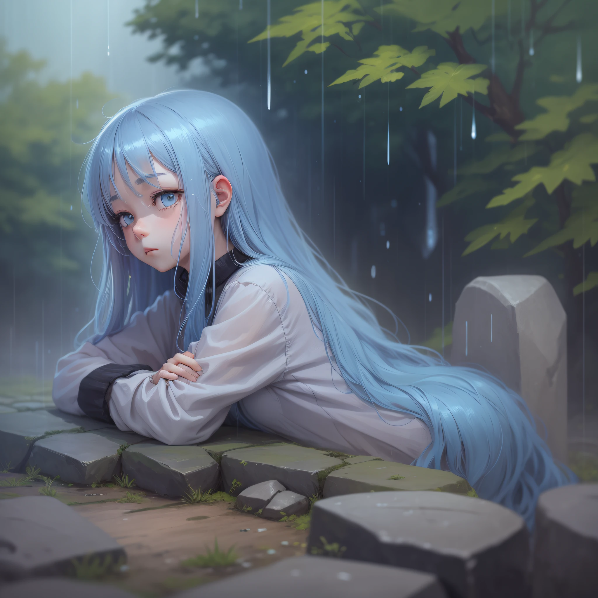 Pixel wind, lofi music, sadness, cat lying on a stone, light rain, a two-dimensional girl looking sadly into the distance, the girl has long blue hair, a sense of quiet atmosphere, the highest quality, the highest quality, ultra-clear resolution, masterpiece --auto --s2