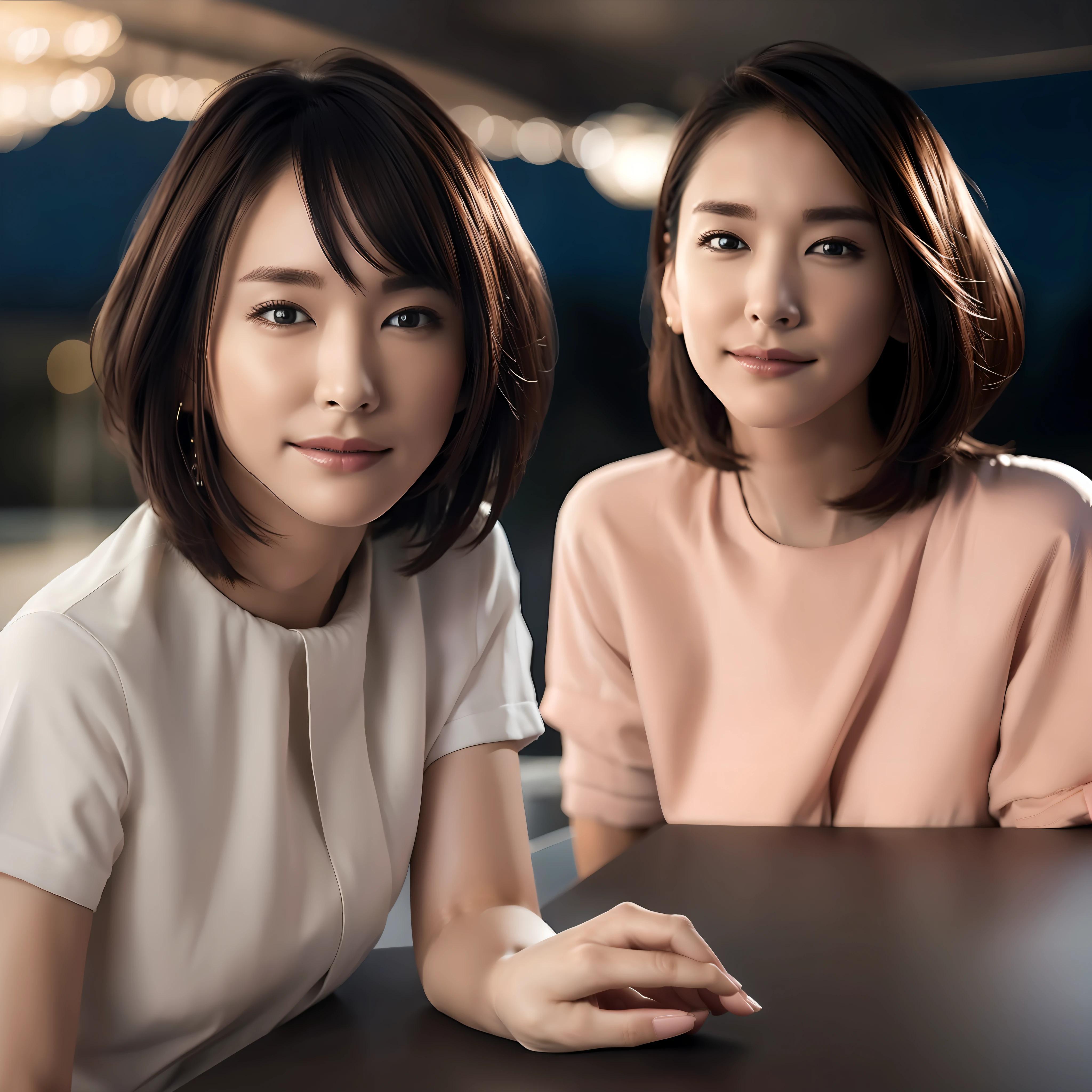 (8k, top quality, masterpiece: 1.2), (realistic, photorealistic: 1.37), ultra detailed, pores, ( (1 girl))), solo, beautiful detailed sky, detailed café, night, sitting, dating, (blush), (smile: 1.2), (half-open mouth) small breasts, beautiful fine eyes, (shirt: 1.1), night, white lace, (short hair: 1.2), Float NovaFrogStyle, sexy, cute