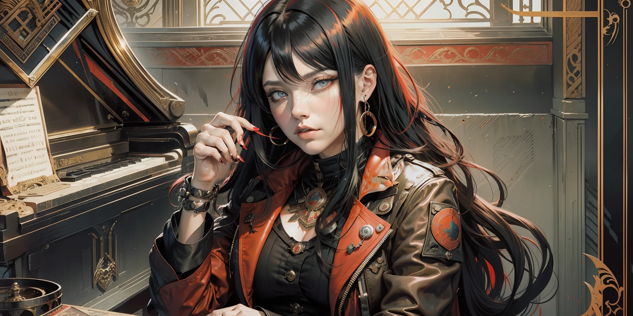Empress of fire,medium black hair with red and black bangs,red color fringe lock,closed mouth,fat body,expression of boredom,heterochromia,eyes with distinct colors,blue right eye,brown left eye,black leather jacket,sitting on a piano chair,playing piano,hand drawing,illustration,art nouveau,tarot cards